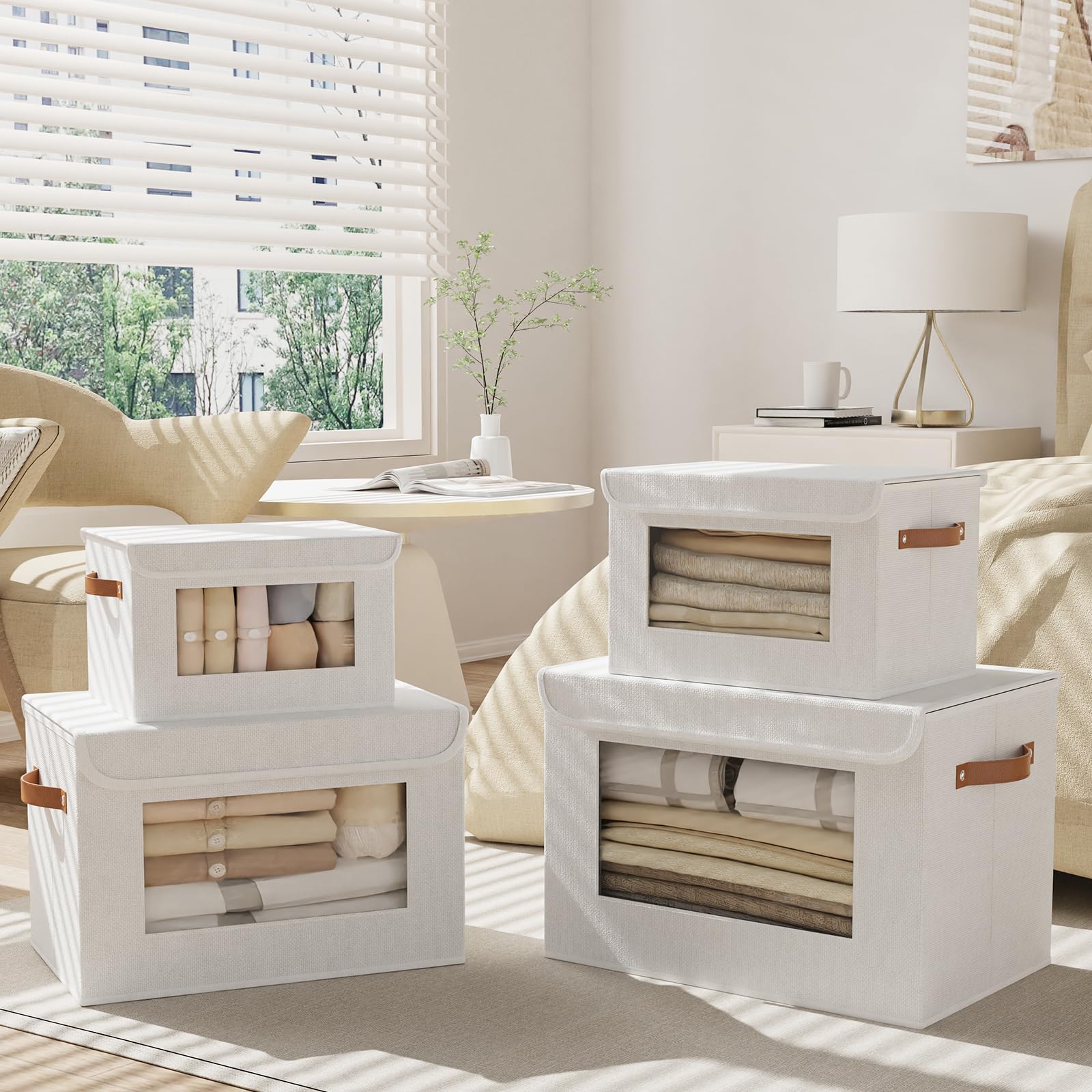 3 pezzi Scatole Portaoggetti Pieghevoli, Bianco, 38×25×25cm | Contenitori per Armadio Salvaspazio,Scatola con Coperchio, Organizzatore Cassetti,Organizer Armadios con Finestra