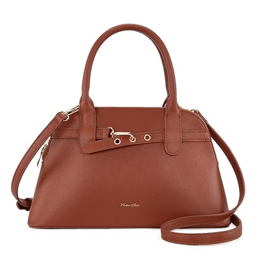 Milan Chiva Dome Satchel Purse for Women Textured Top Handle Designer Crossbody Bag with Belted Detailing