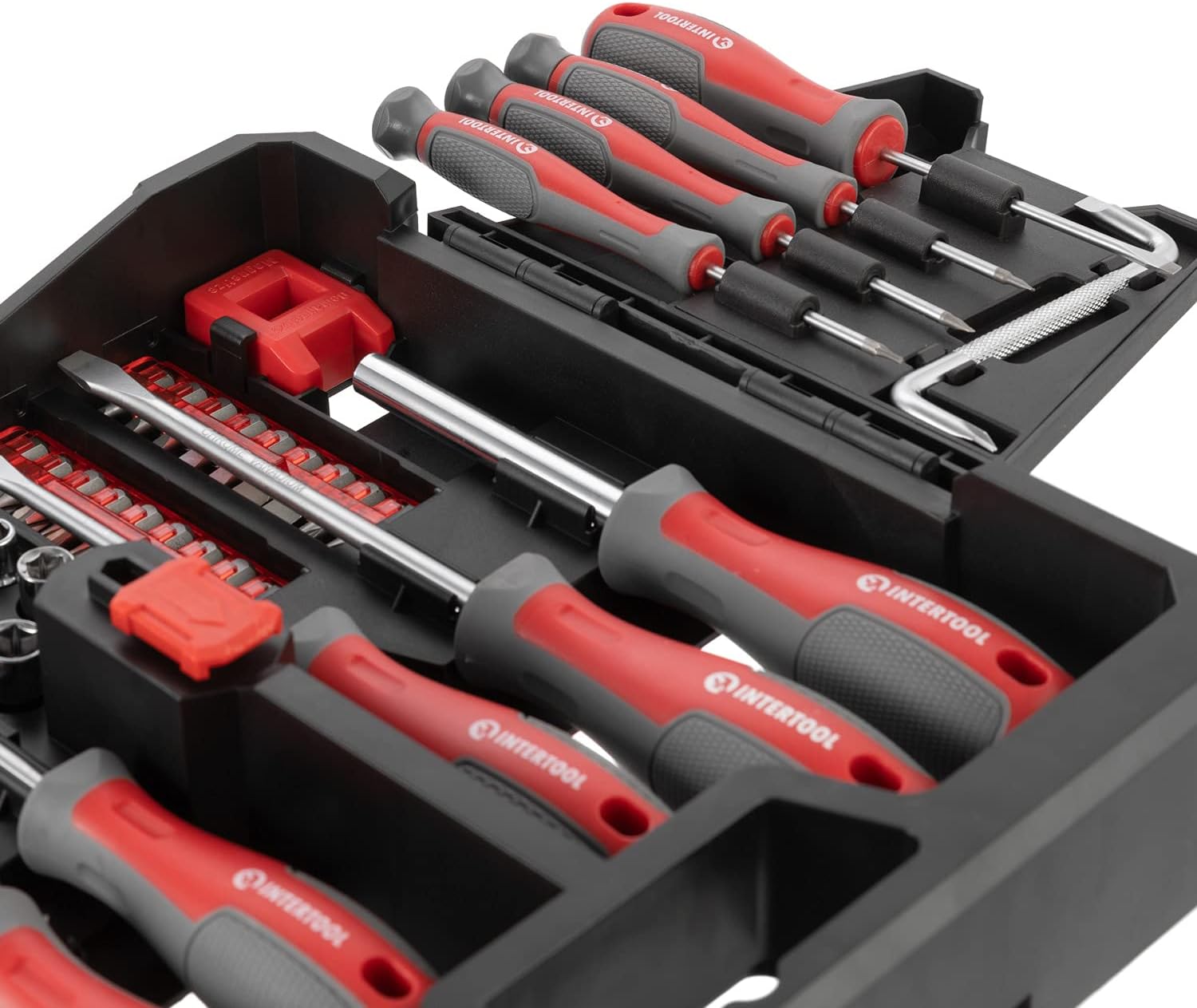 INTERTOOL Magnetic Screwdriver Set Storage Wall Mount Case 63pc - Precision & Stubby Screw Drivers with Magnetizer, Bits, Sockets - Phillips, Flat Head, Torx, Hex, Square, Pozidriv - VT08-3363
