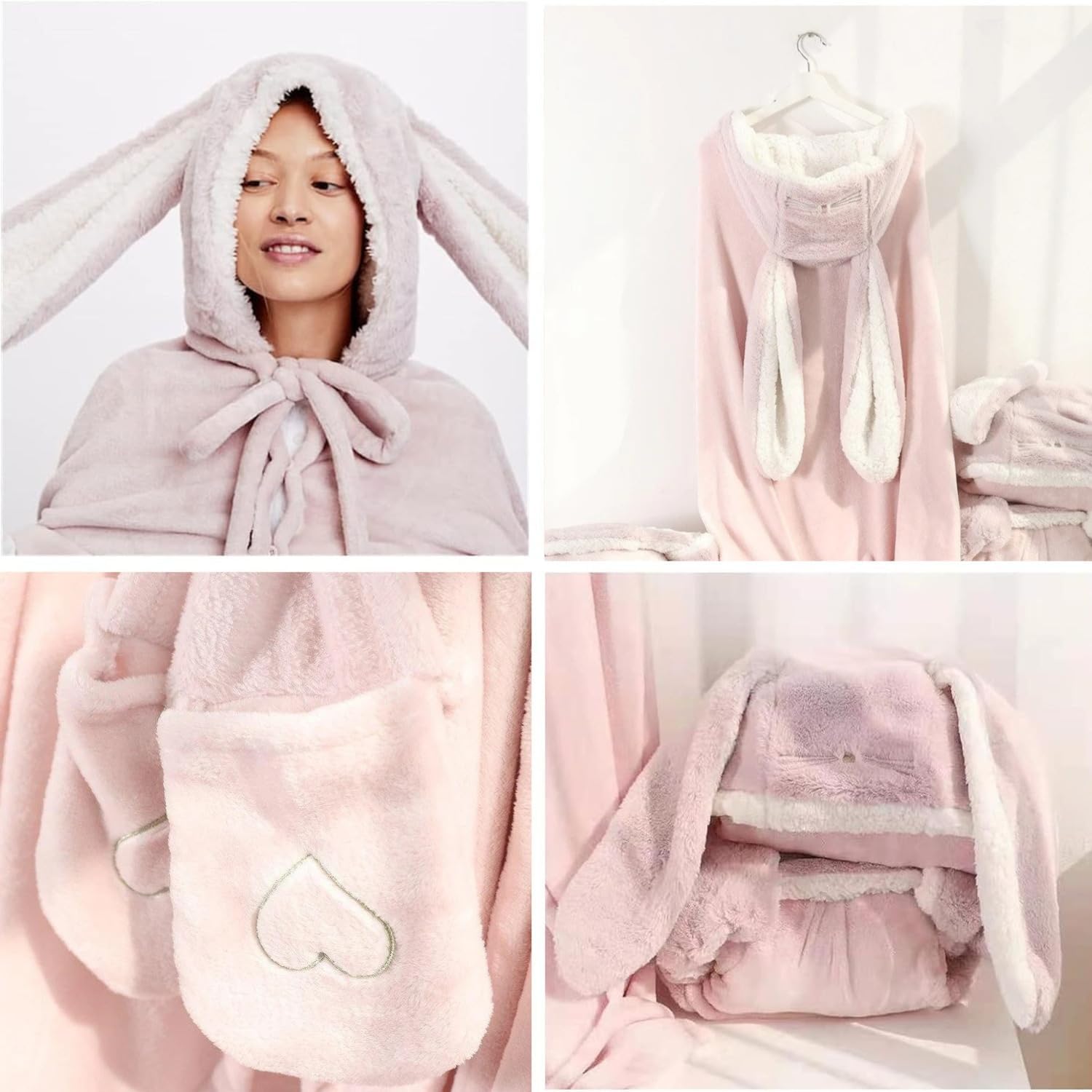 YUNZLAN Bunny Ears Oversized Wearable Blanket Hoodie for Women Soft Flannel Blanket Cape Hooded Cape Throw for Home Office - Image 6