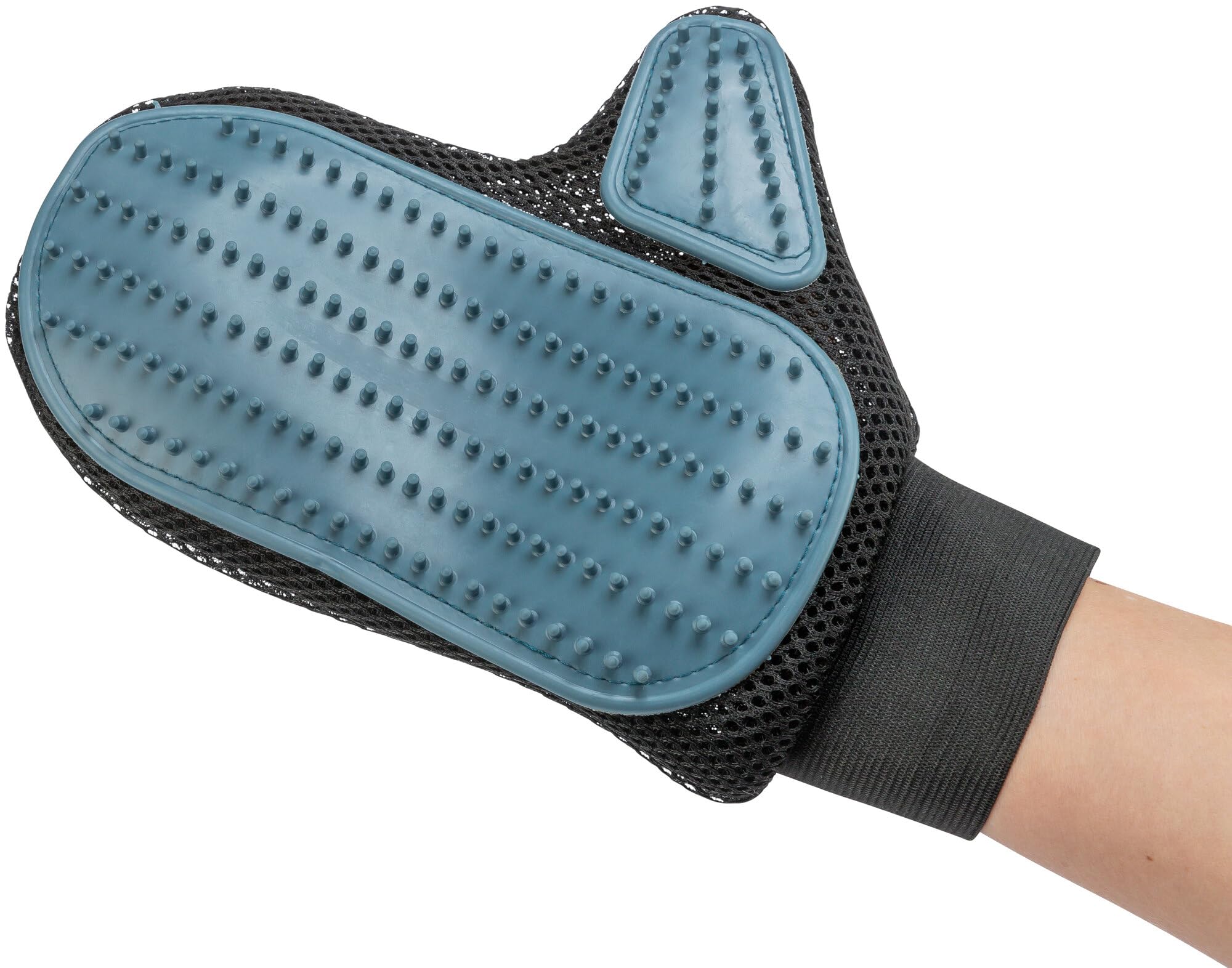 TRIXIE Fellpflege-Handschuh - für Kurzhaar und Rauhaar - entfernt lose Haare, massiert das Tier und bringt Glanz in das Fell - auch für sensible Tiere - schwarz/blau - 18 x 24 cm