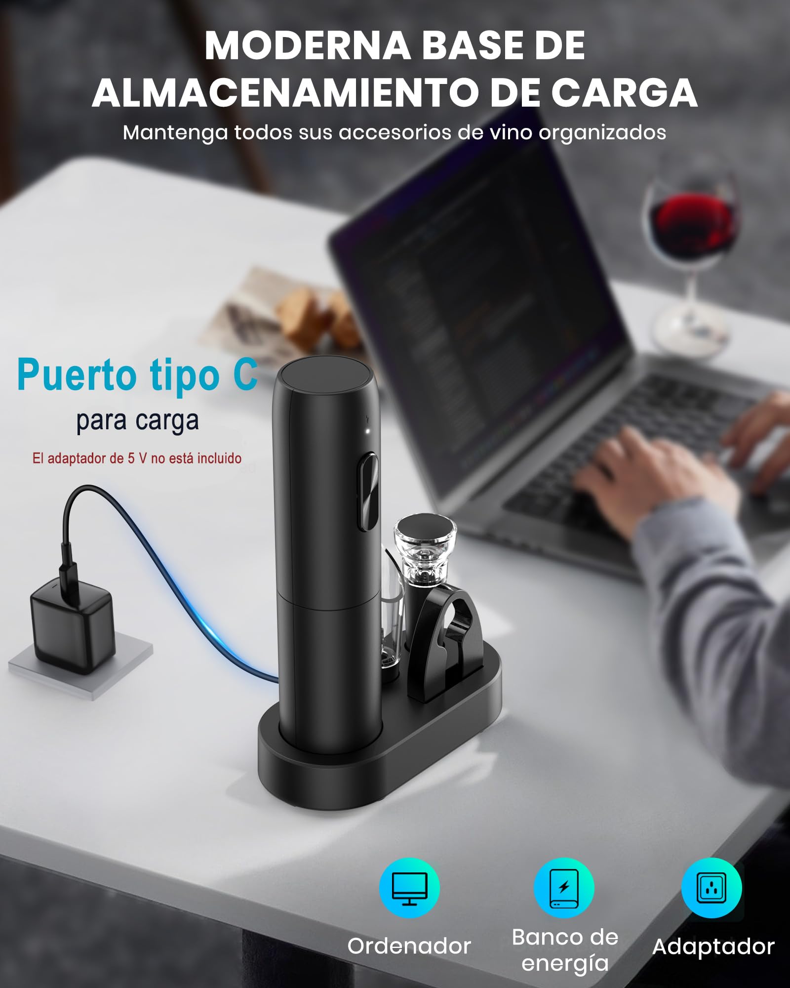 Sacacorchos eléctrico recargable con base de carga, abridor de vino electrico 6 en 1 juego regalo cumpleaños abrebotellas con vertedor aireador, tapón de vino al vacío, cortador láminas y cable USB