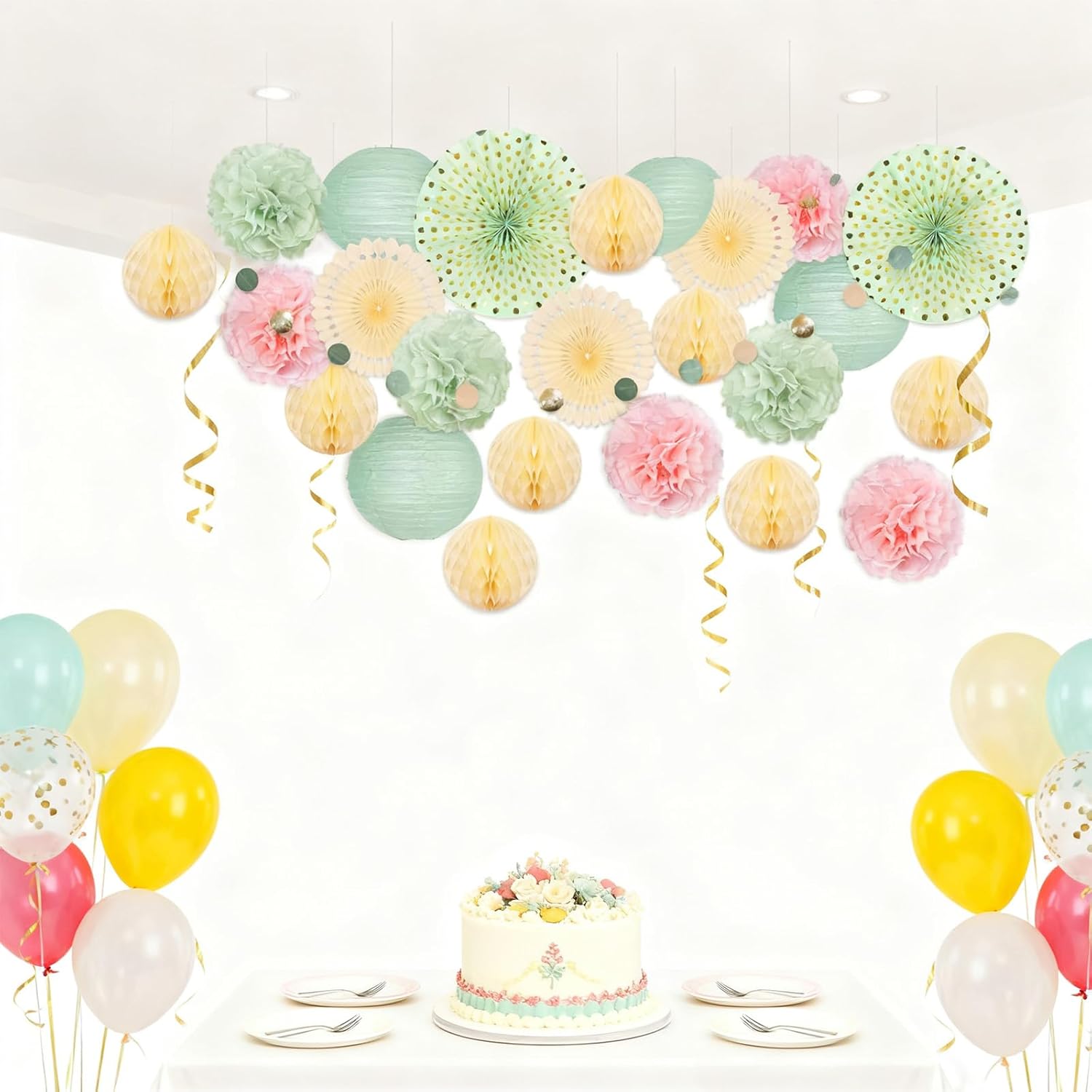 Avxzbef Sage Green and Pink Party Decorations Paper Fans Lanterns Paper Flower Balls Banners for Baby Shower Birthday Wedding Engagement Party - Image 3