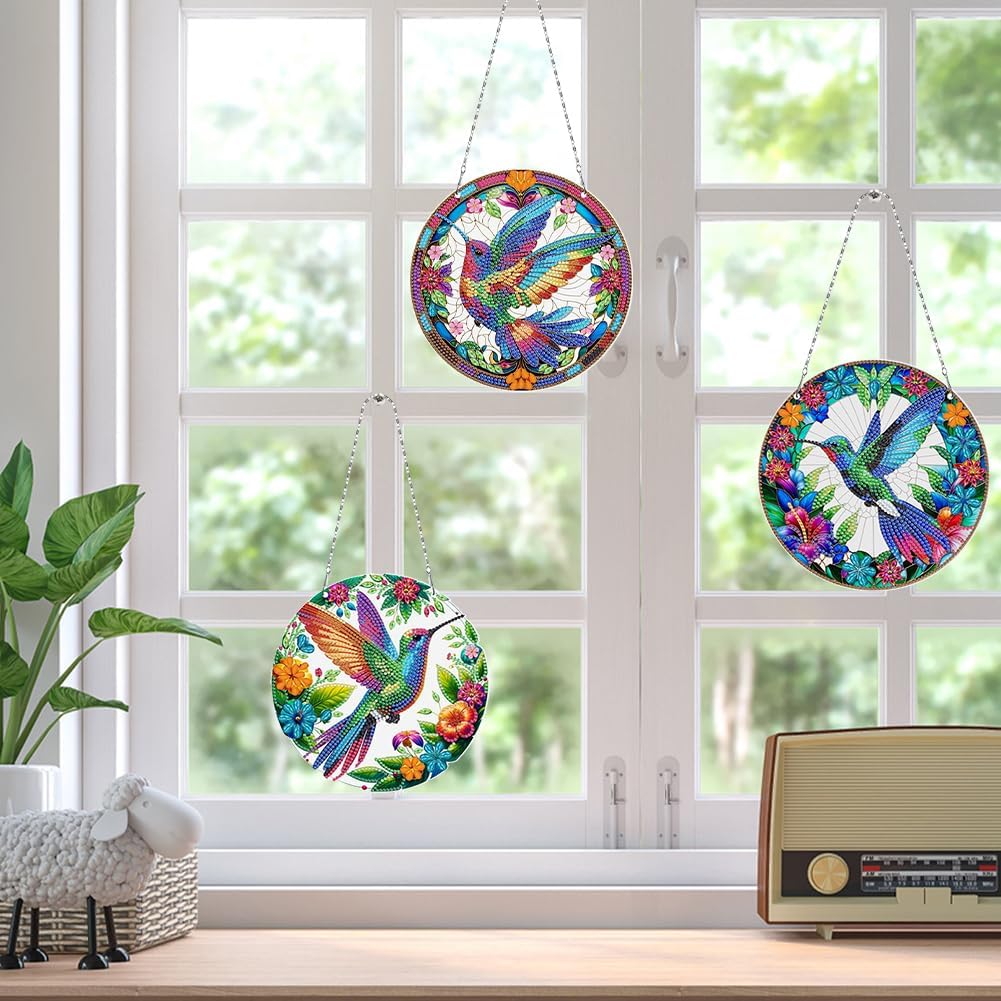 C'eitura 3pcs Hummingbird Diamond Art Suncatchers - DIY Crystal Gem Painting Hanging Pendants, Double-Sided Diamond Art Kit for Home Garden Window Decor, Ideal Spring Craft Gift for Adults Beginner
