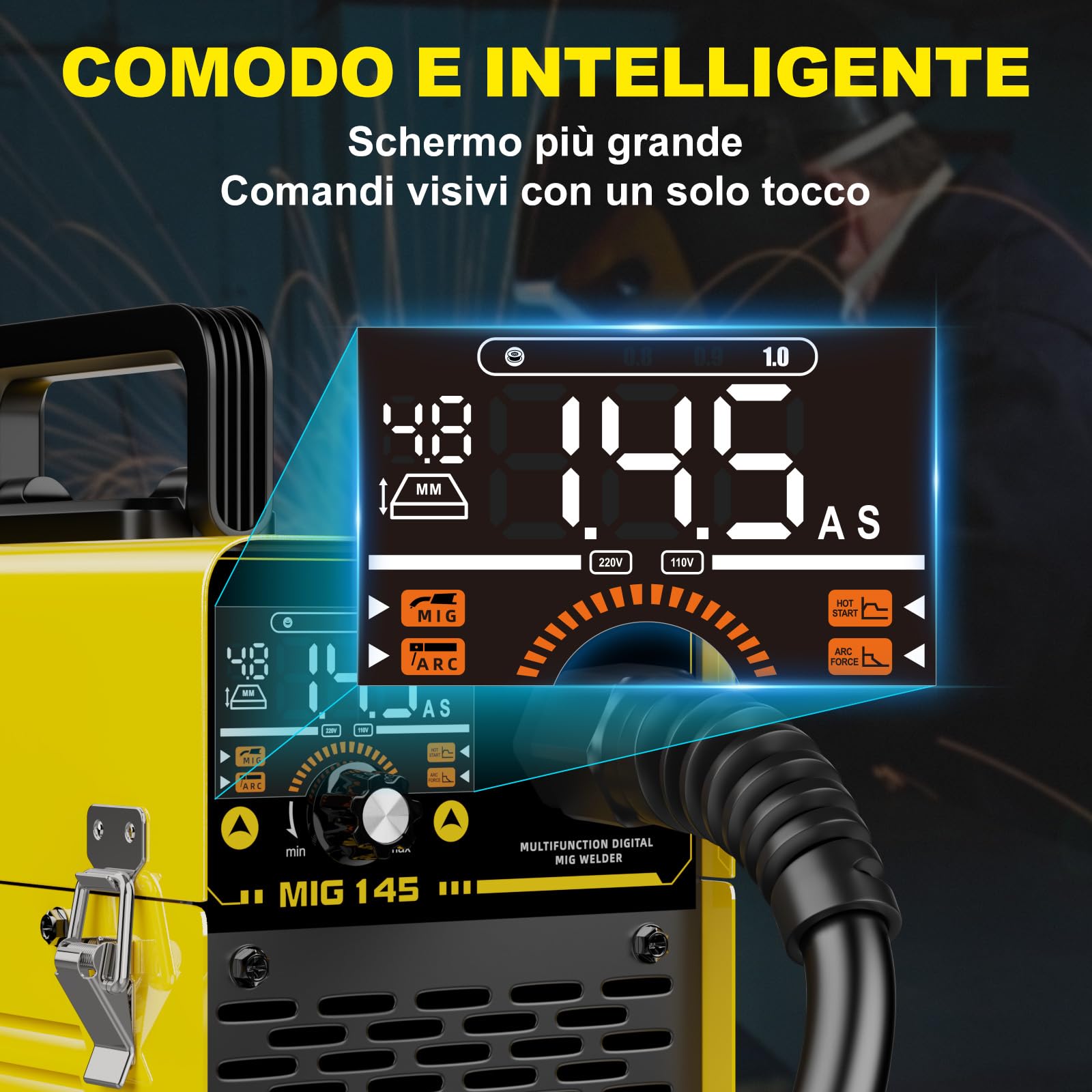 HAXIAOER 145A Saldatrice a Filo Continuo No Gas, 3 In 1 ARC/Flux MIG/MMA Lift TIG Saldatrice MIG con Luce LED, Compatta Saldatrice a Inverter, Avanzamento Filo Sinergico