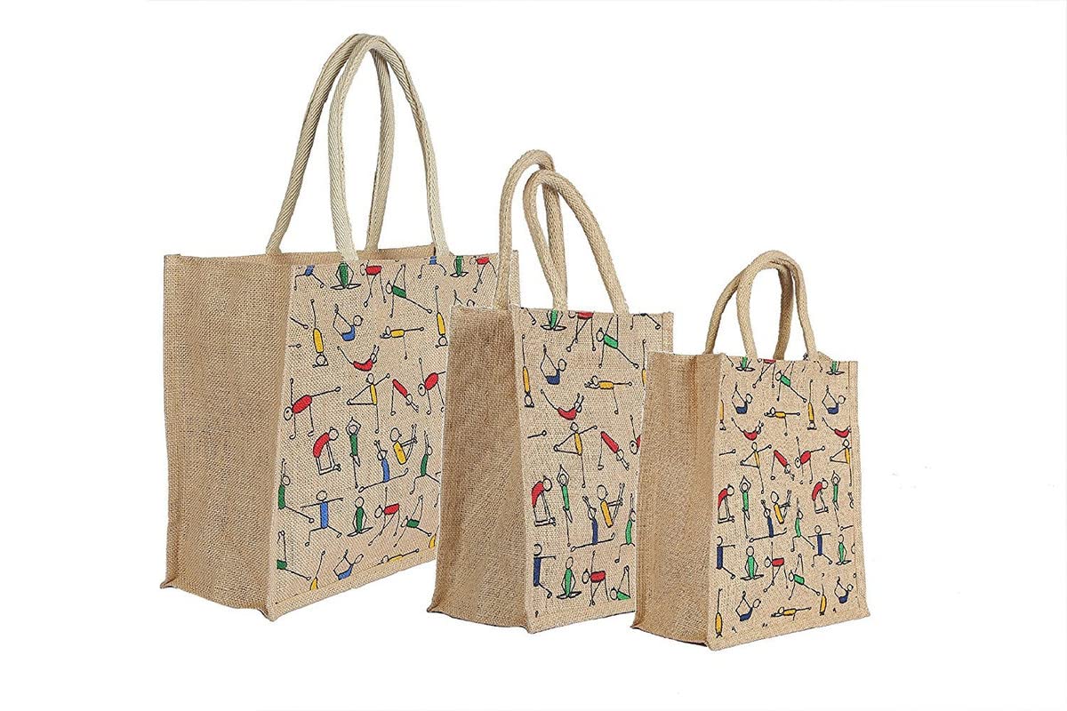 SAINIKS - ACCESS TO QUALITY Jute Yoga Print Bag with top Zipper - Combo of 3 - Big Size (B0BBB1VTJF) Amazon Price History, Amazon Price Tracker