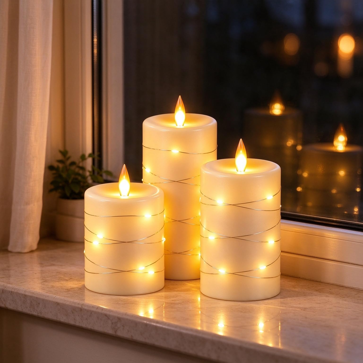 Da by 3 Stück Elfenbein Paraffin LED Kerzen mit Feenlichtkette, Realistische Flackerflamme, Batteriebetriebene Premium Kerzen mit Fernbedienung, Wiederverwendbar für Wohn- und Festdekoration Musikinstrumente & DJ-Equipment