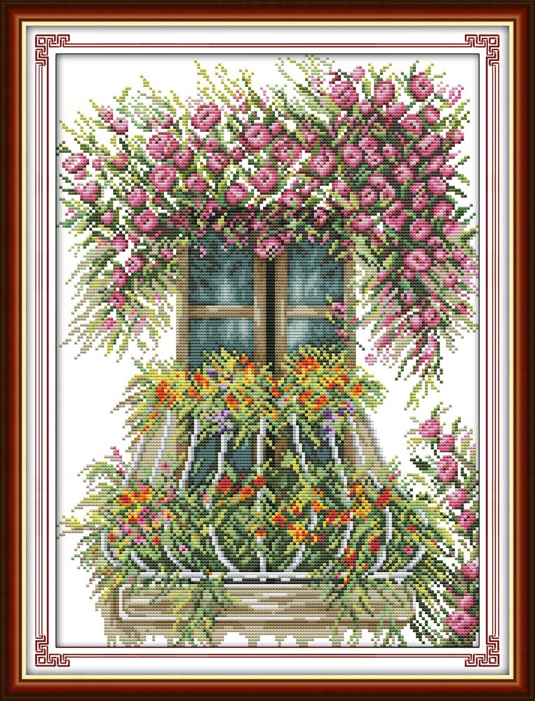 WOWDECOR Cross Stitch Embroidery Kits for Adults Kids, Beautiful Windowsill Flowers 11CT Stamped DIY DMC Needlework Easy Beginners