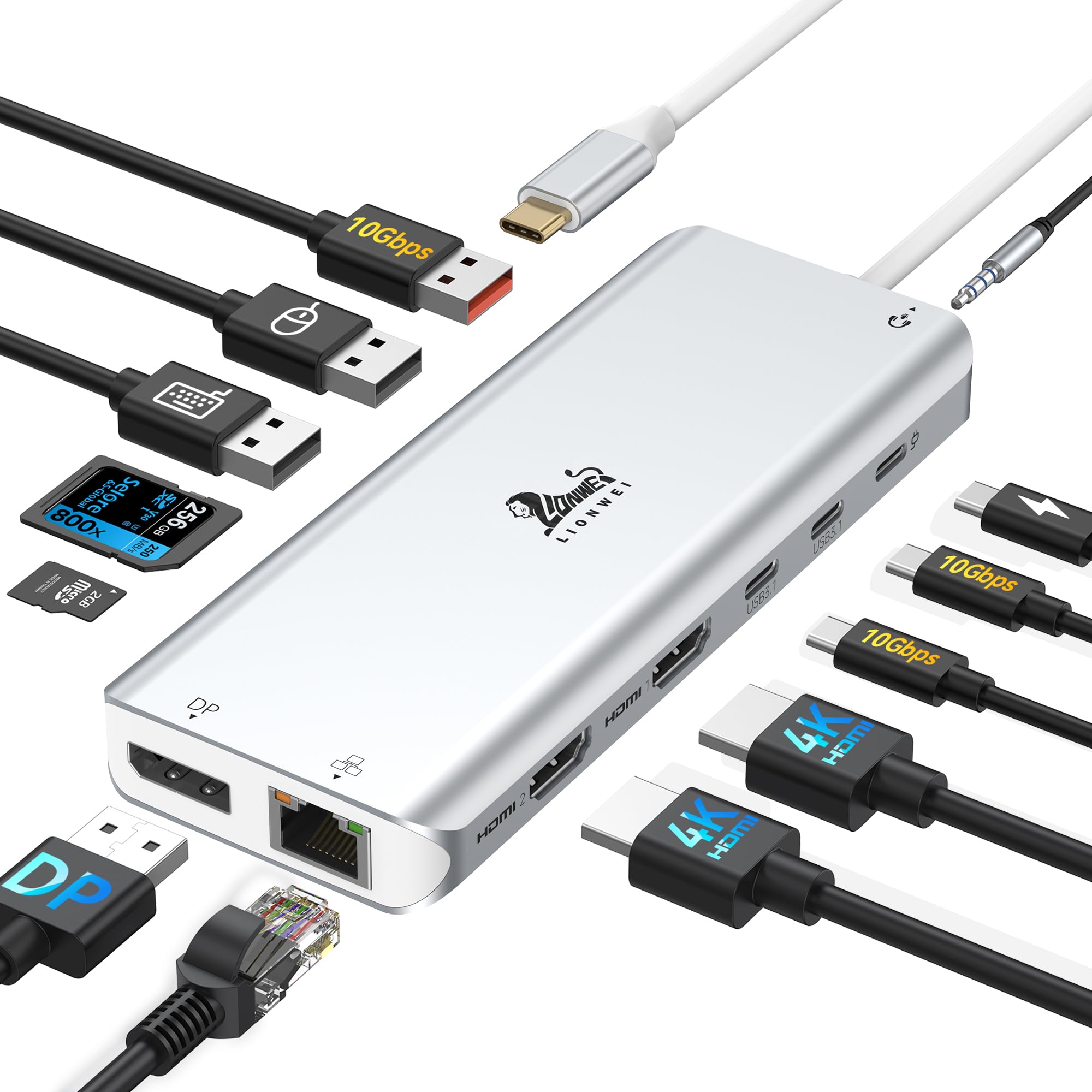 USB C Docking Station Dual Monitor Dockingstation Laptop 13 in 1 USB-C Hub Triple Display mit 2 HDMI, DisplayPort, 5 USBC/A, Ethernet, 100W PD, SD/TF, Audio/Mic für Dell HP Surface, Silber