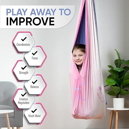 Miniatura 21 de Columpio sensorial de interior para niños o exteriores – Soporta 300 libras, doble capa y giro de 360°, hamaca de terapia de compresión calmante