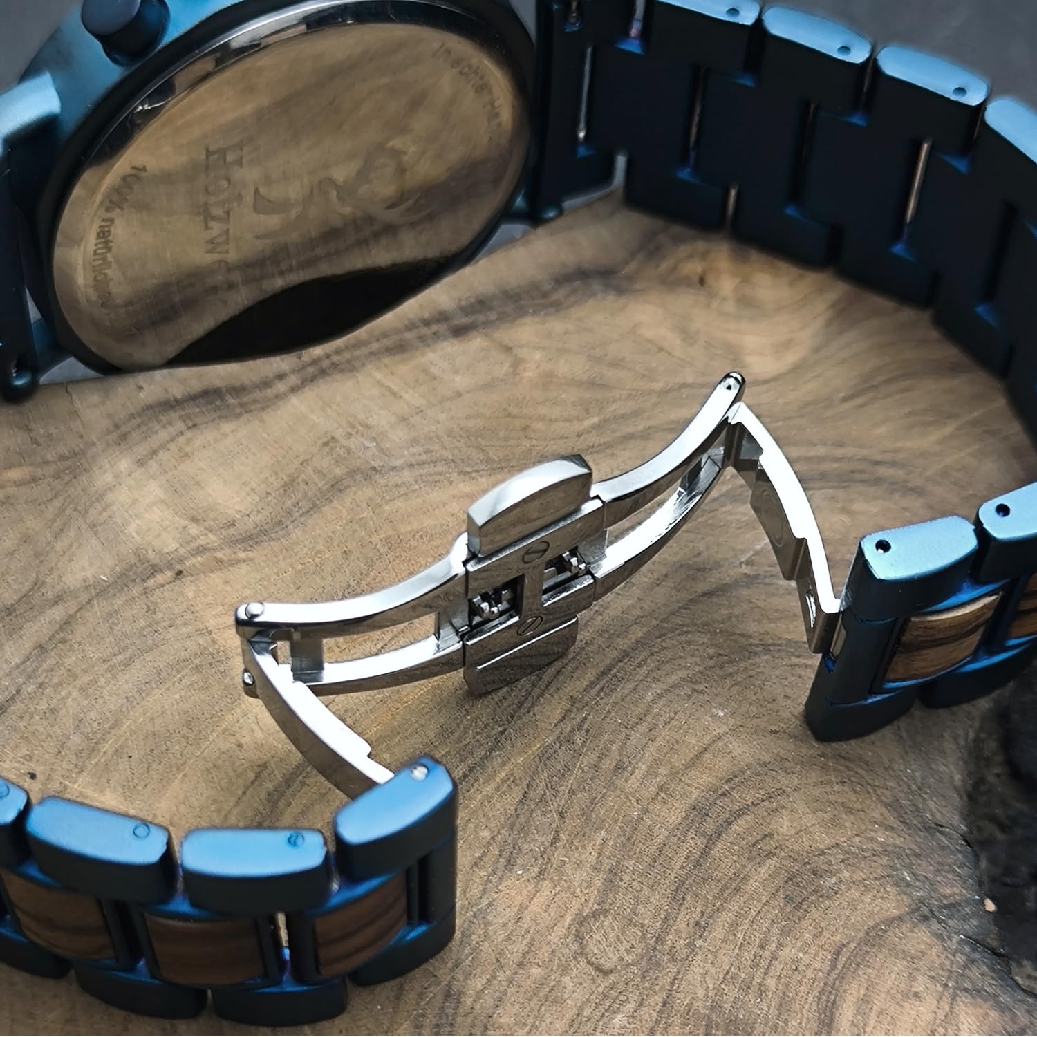 Holzwerk Berlin - Reloj de pulsera para hombre con cronógrafo de madera natural, analógico, cuarzo, marrón, azul, números romanos, fecha, madera