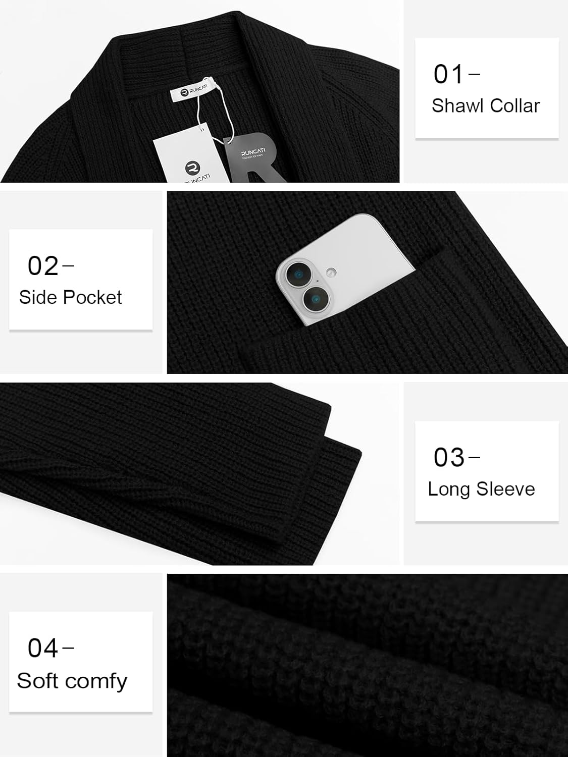 Runcati Mens Shawl Collar Long Cardigan Casual Knit Open Front Sweater Fall Winter Thermal Cardigan Sweater - Image 6