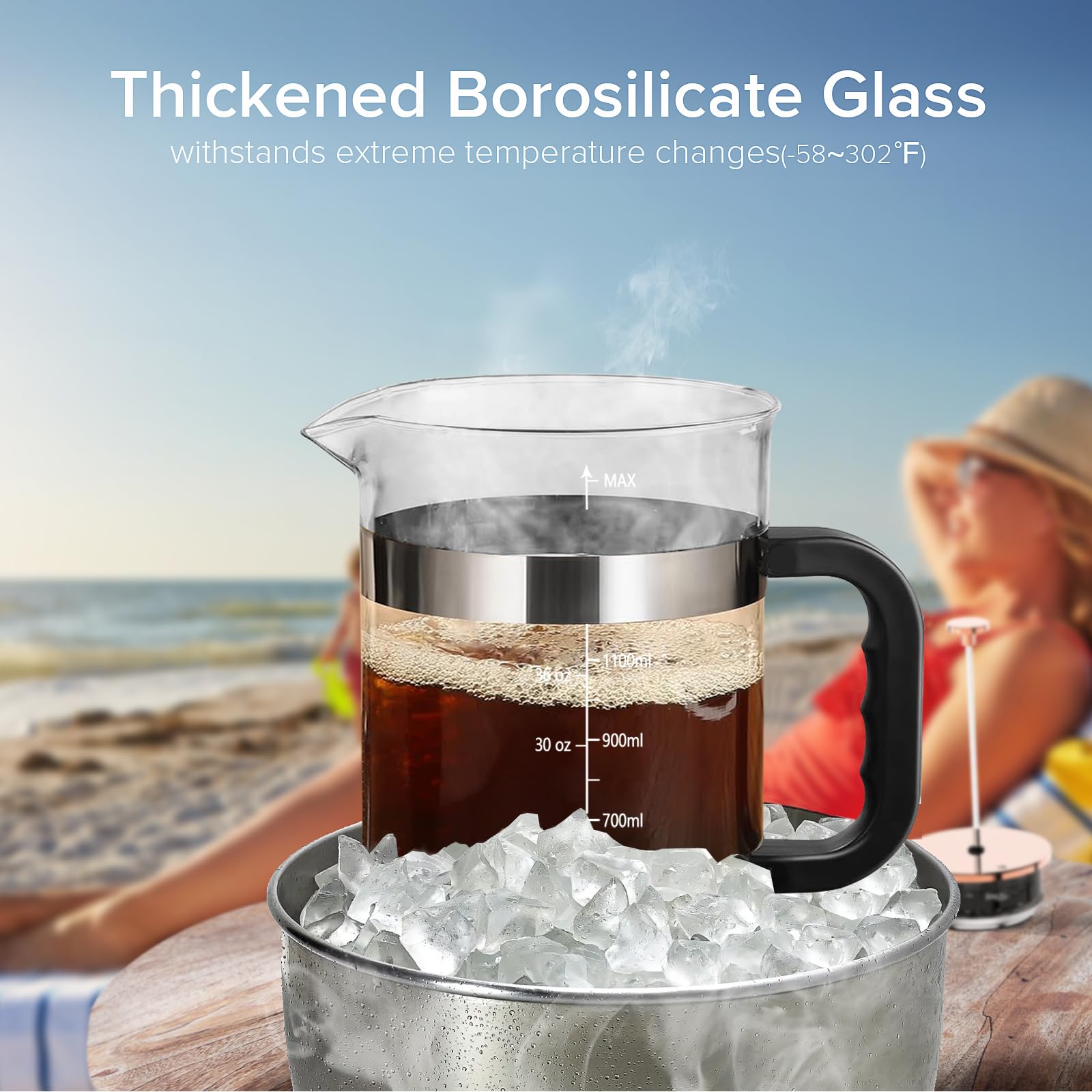 QUQIYSO Cafetera de prensa francesa de acero inoxidable 304 de 50 onzas con 4 filtros, resistente al calor, duradera, fácil de limpiar, prensa de café de vidrio de borosilicato, plateado