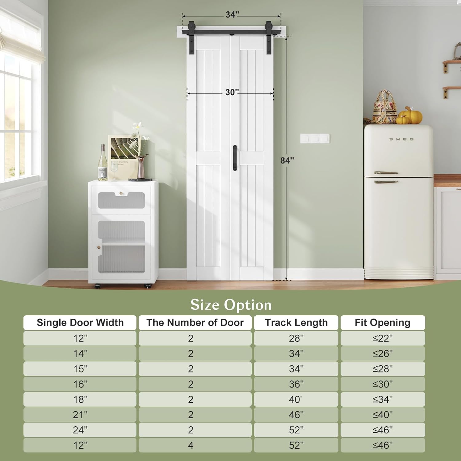bifold barn door 30 x 84 in (double 15 inch)?bi-fold sliding closet doors with hardware track kit included, 2.8ft rail for 2 doors, mdf wood panel,pvc surface, save space,diy assembly, white 30" (15"x2) x 84"