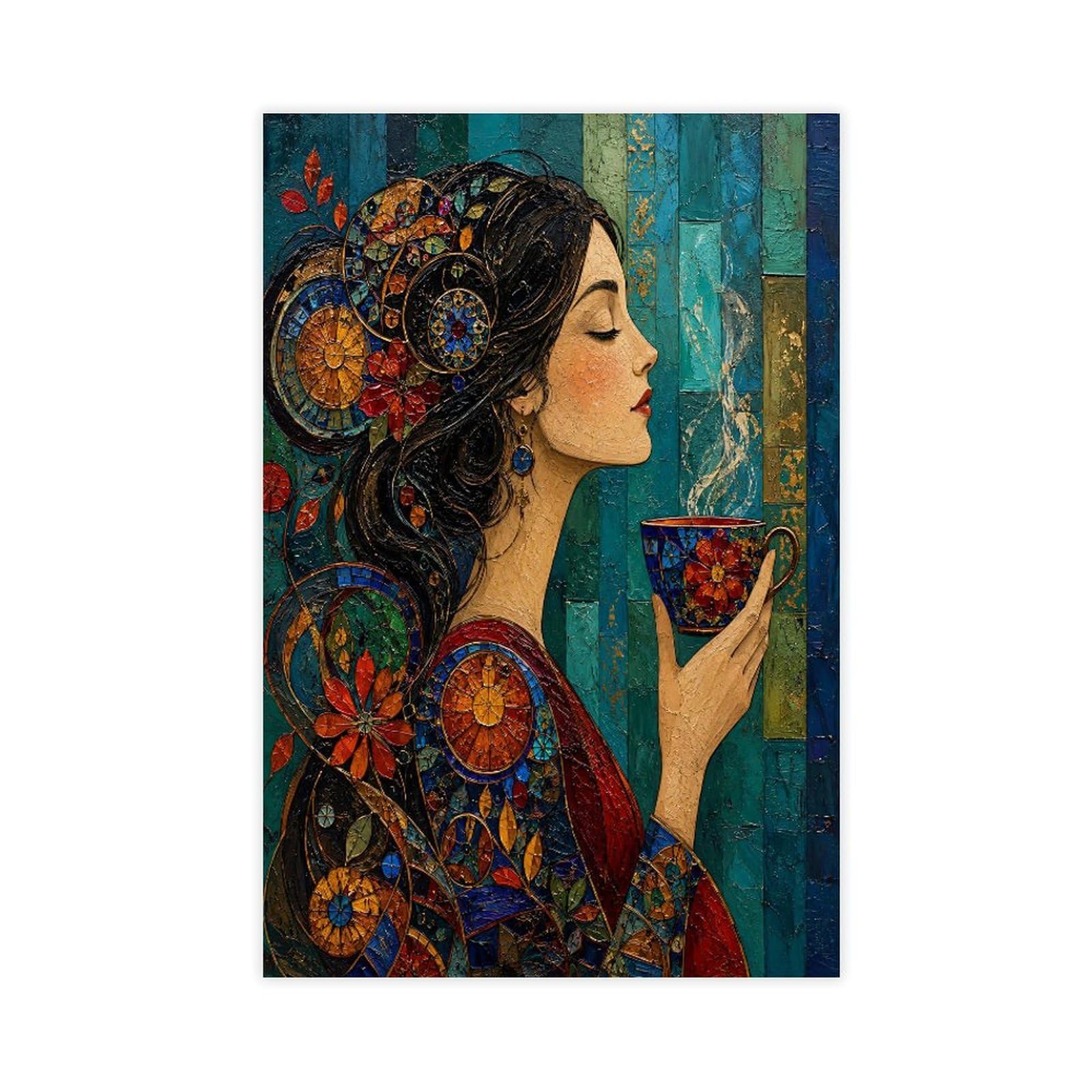 H3b8u2y5 Unframe-Style-16 Woman With Teacup Canvas Wall Art, Mosaic Art Apartment