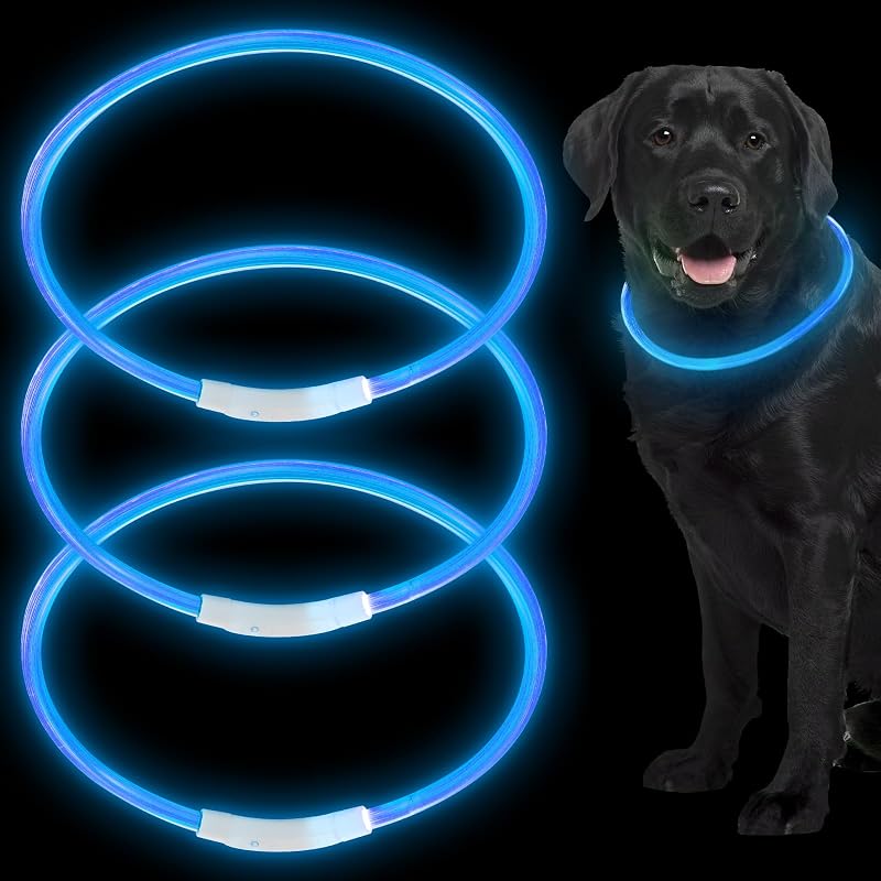 Coleira LED para Cães com Recarga USB, Tamanho Ajustável, Azul, Weewooday — Pacote com 3