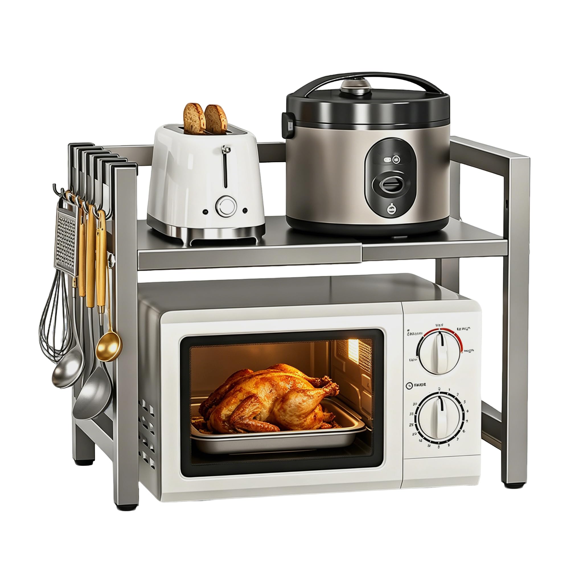Scaffale espandibile per forno a microonde a 2 livelli con 6 ganci, regolabile in altezza e larghezza, in metallo, organizer da cucina, per forni a microonde, spezie e utensili (colore grigio canna di