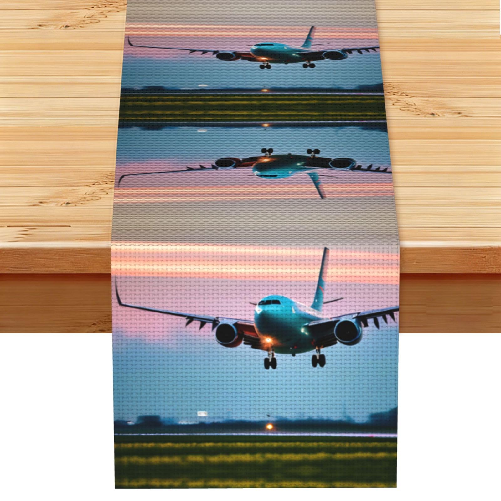 Airplane in The Evening Lights Printed Dining Table Runner 13x72 Inch, Non-Fading Decor for Kitchen Dresser Fireplace Mantel