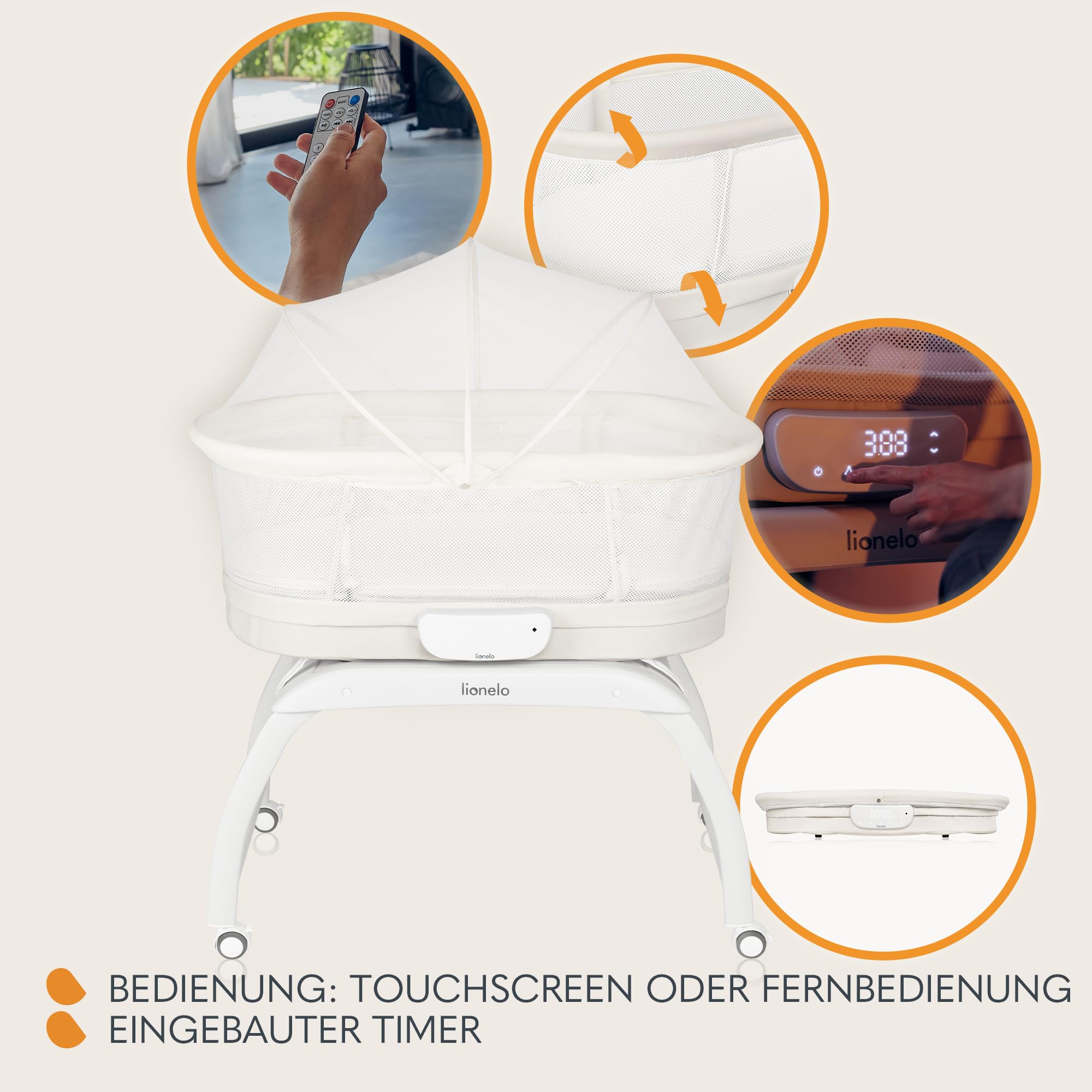 Lionelo Coral 3 IN 1 Kinderbett bis 9 kg, Wiege, Babywaage, 5 Schaukelgeschwindigkeiten, 12 Melodien, 4 Rollen, Ergonomische Matratze, Timer, Fernbedienung, Moskitonetz