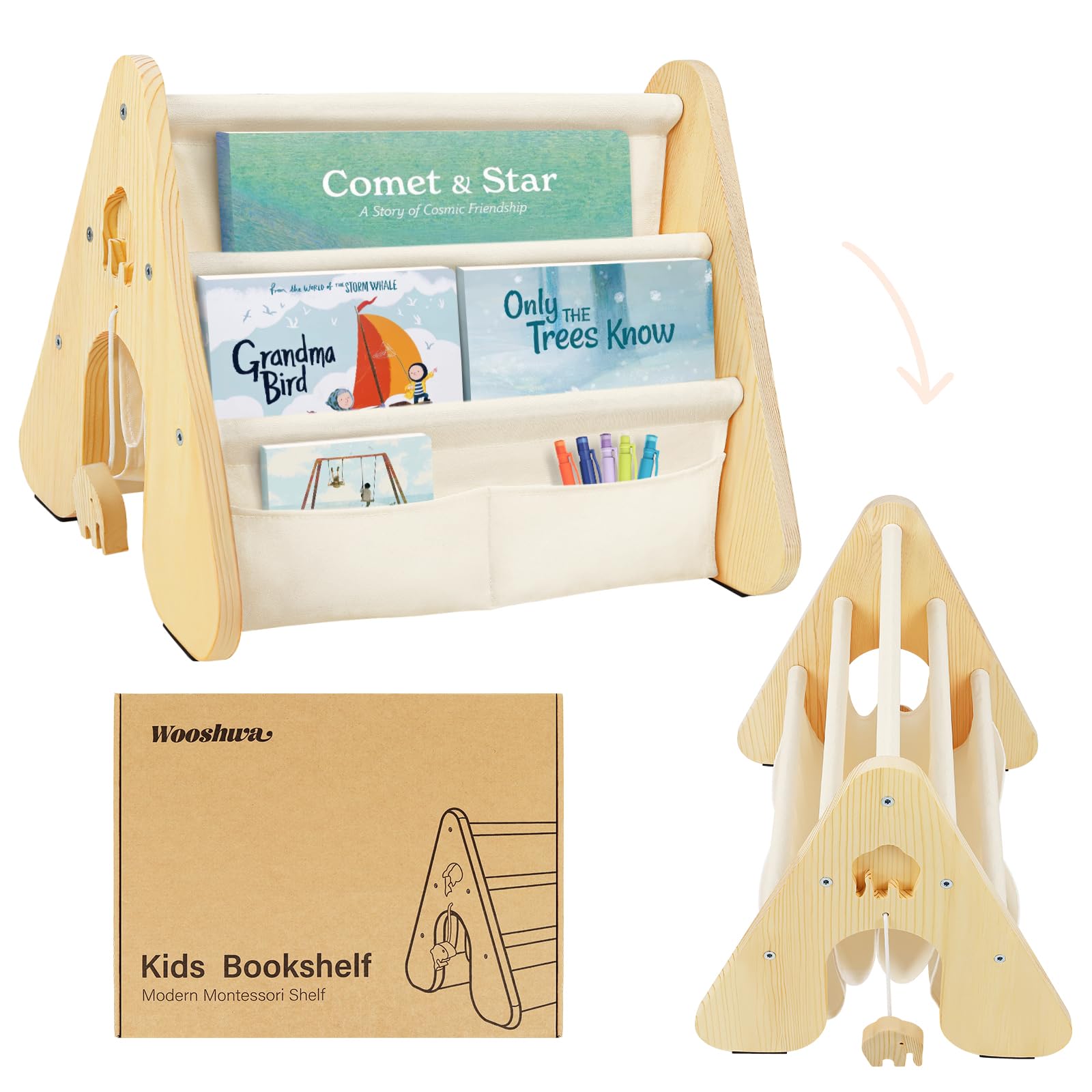 wooshwa Wooden Children's Bookcase, Small Double-Sided Kids Bookshelf for Desktop Display, Montessori Sling Book Rack, Nursery Book Storage & Organiser for Playroom Classroom Bedroom Study (Creamy)