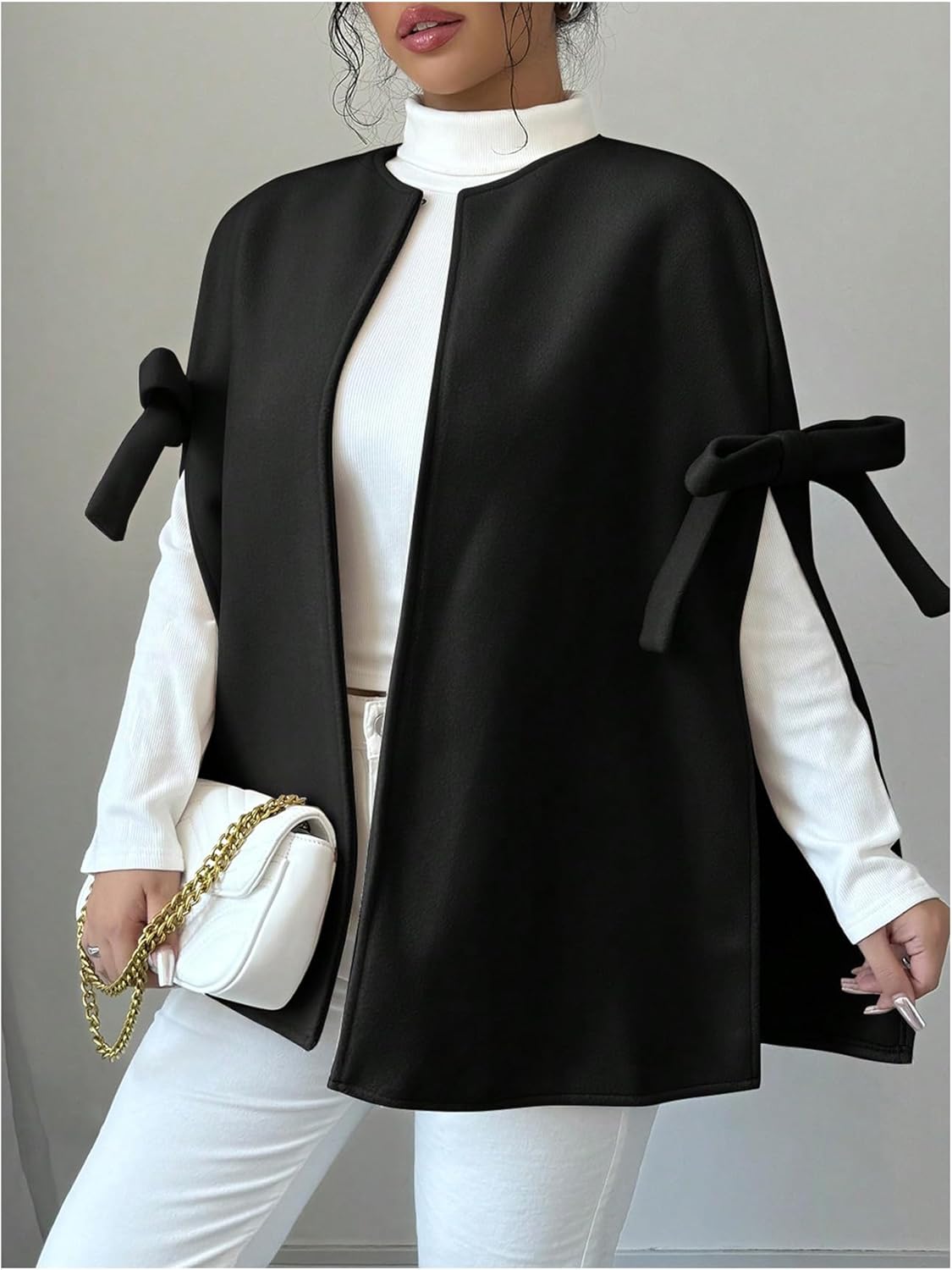 MakeMeChic Women's Poncho Cape Coat Bow Knot Crew Neck Open Front Jacket Outerwear - Image 2