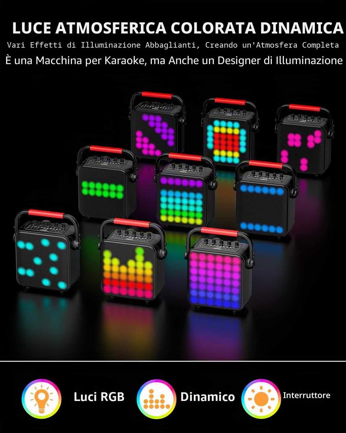 Karaoke con 2 Microfono, Casse Karaoke Professionale Completo,Portatile Bluetooth con modalità karaoke/MIC modalità priorità/TWS/REC/EQ/FM/regolazione dei toni alti e bassi/ECHO,Supporta USB/TF/AUX