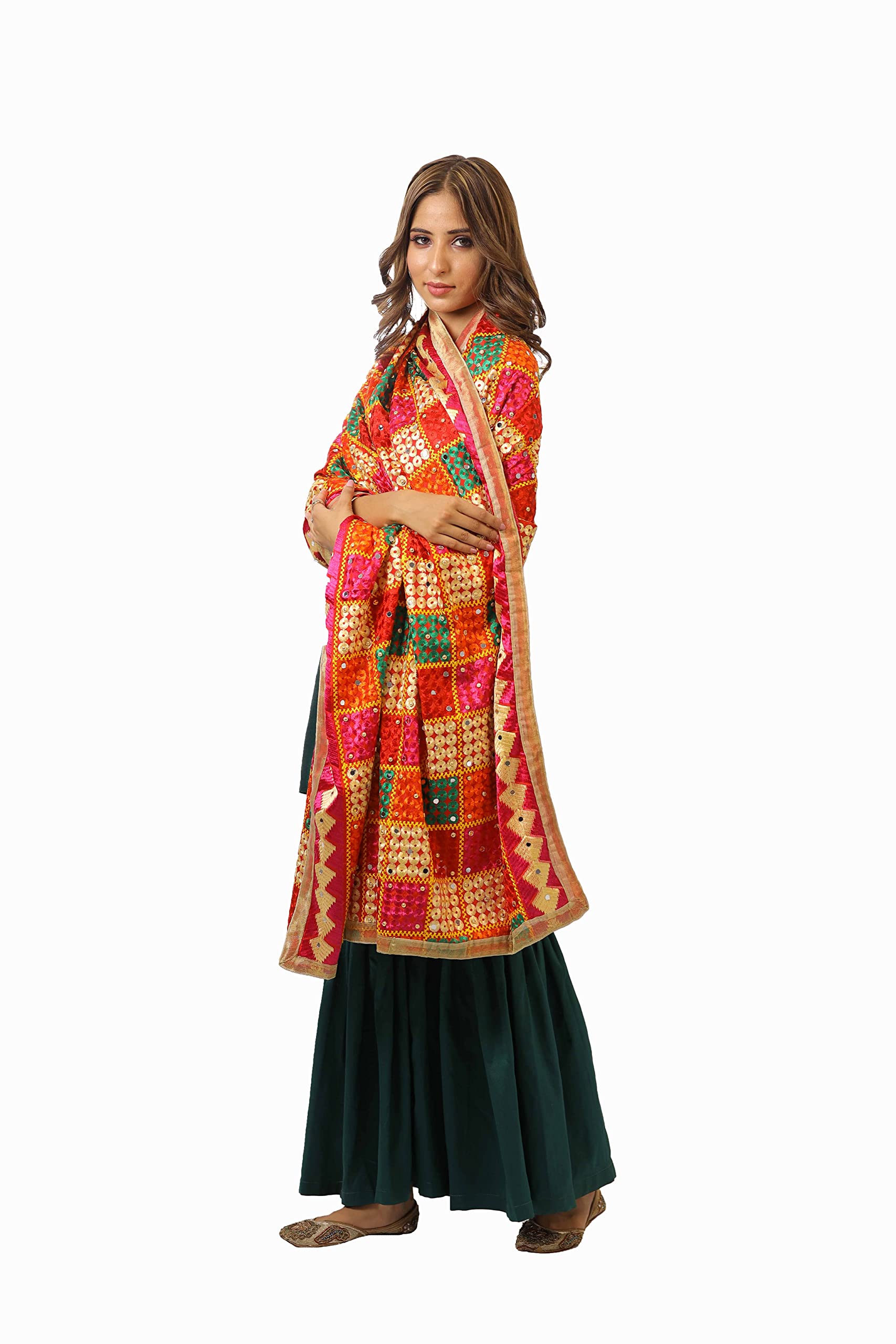 Webelkart Damen bestickte Phulkari Chiffon Dupatta | Traditioneller Punjabi-Stil | leichte ethnische Stola für Festlich & Alltag