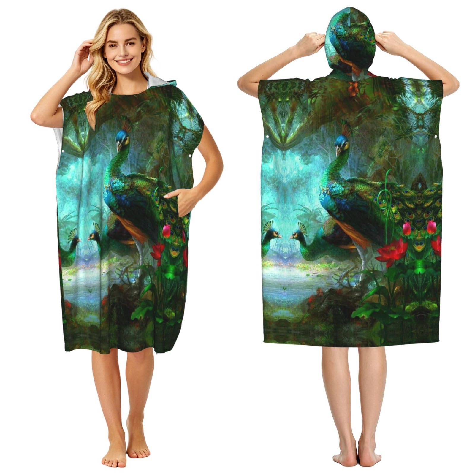 ESNAIUVCD Colorful Peacock Print Changing Robe, Hooded Towel Poncho For Swimming Pool, Beach,Quick Dry & Light Weight Towelling Poncho For Adults Women Men