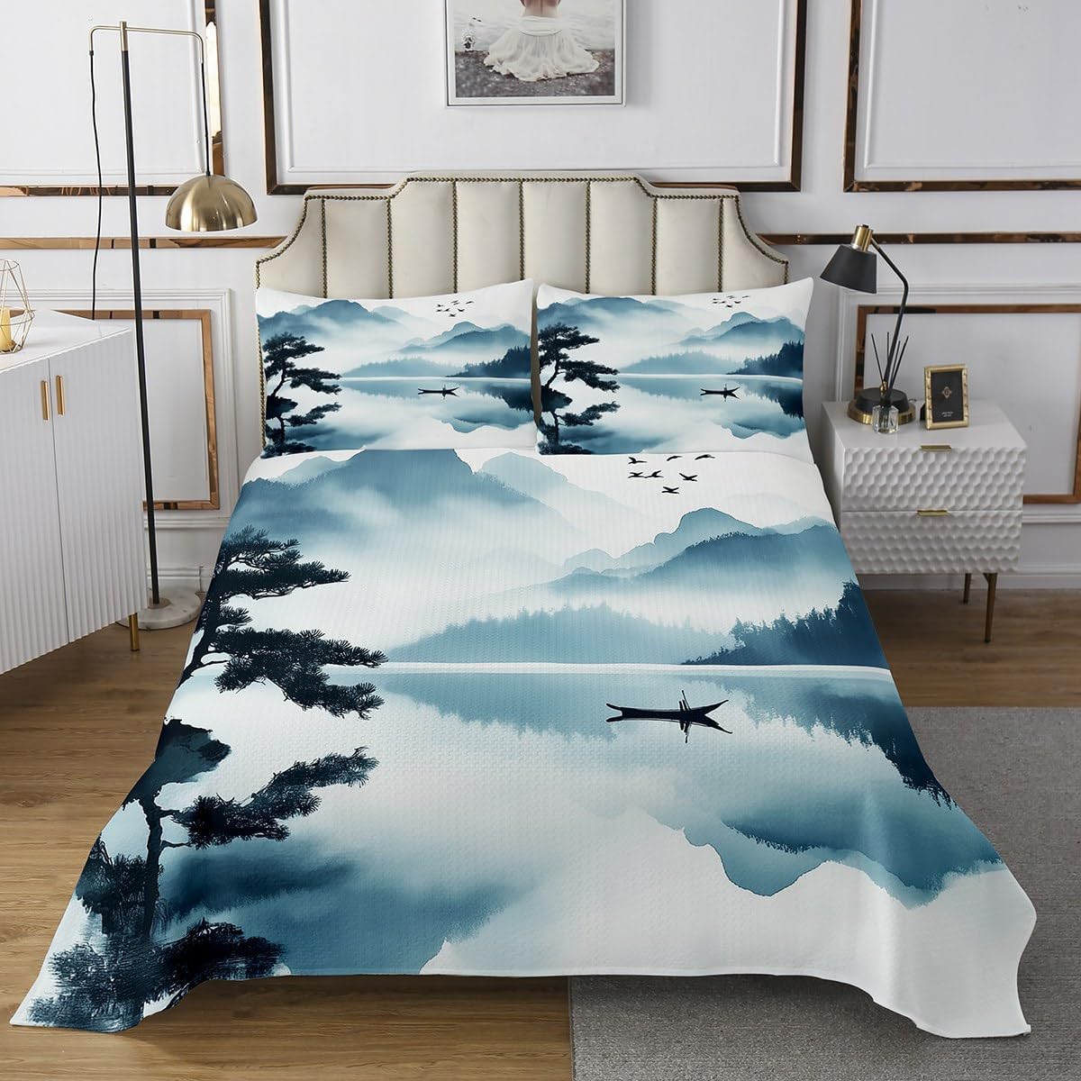 Navy Blue Modern Bedspread King,Nautical Navigation Themed Quilted Coverlet 3pcs for Adults Teens Room Decor,Lighthouse Soft Breathable Bedding Quilt