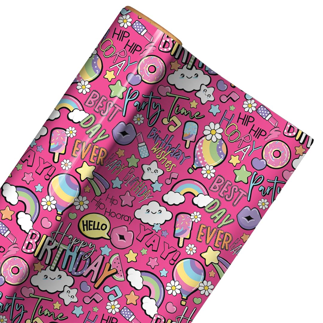Best Day Ever Birthday Hot Pink Gift Wrapping Paper Roll 3m – Bold Kids & Teen Birthday Gift Wrap 70cm Wide, Recyclable