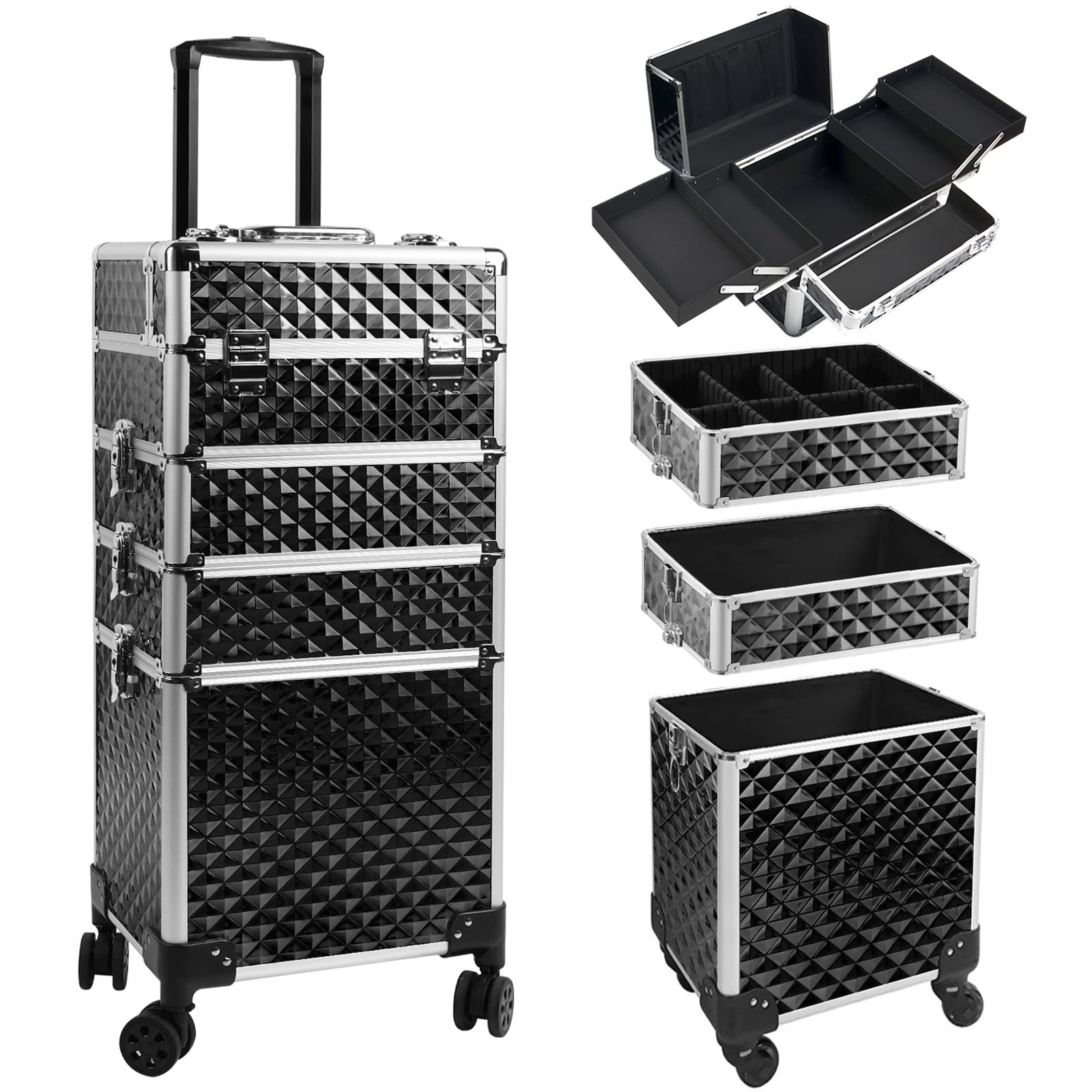 Kalolary Large 4-in-1 Makeup Train Case - Professional Rolling Cosmetic Organizer Box with Universal Wheels (Black)