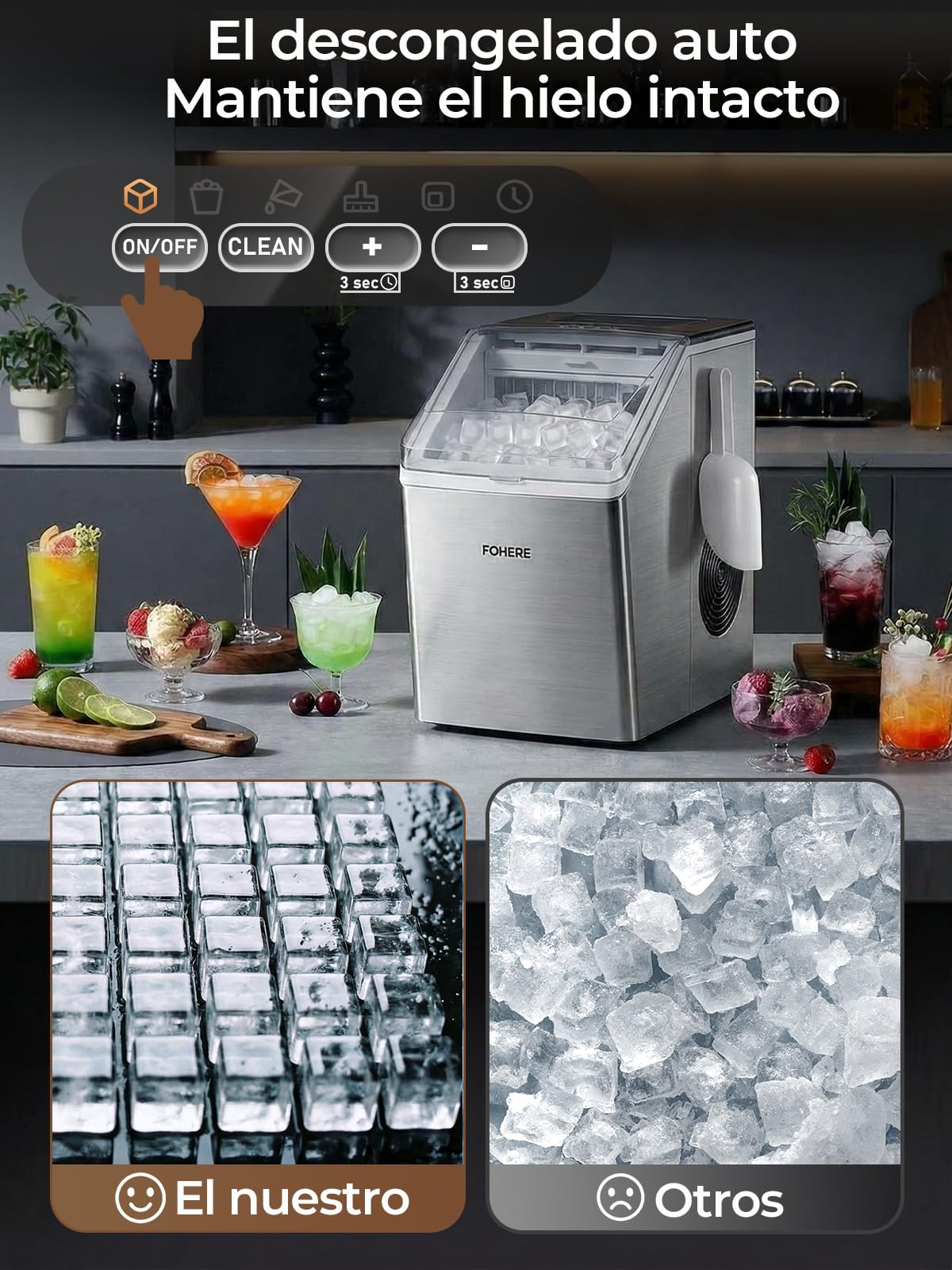 FOHERE Máquina de Hielo de Acero Inoxidable, 24kg/24h, 24 Cubitos en 10-15 Min, Tanque 3,2L con Temporizador, Autolimpieza & Descongelación, Doble Sistema de Llenado, Hostelería & Hogar