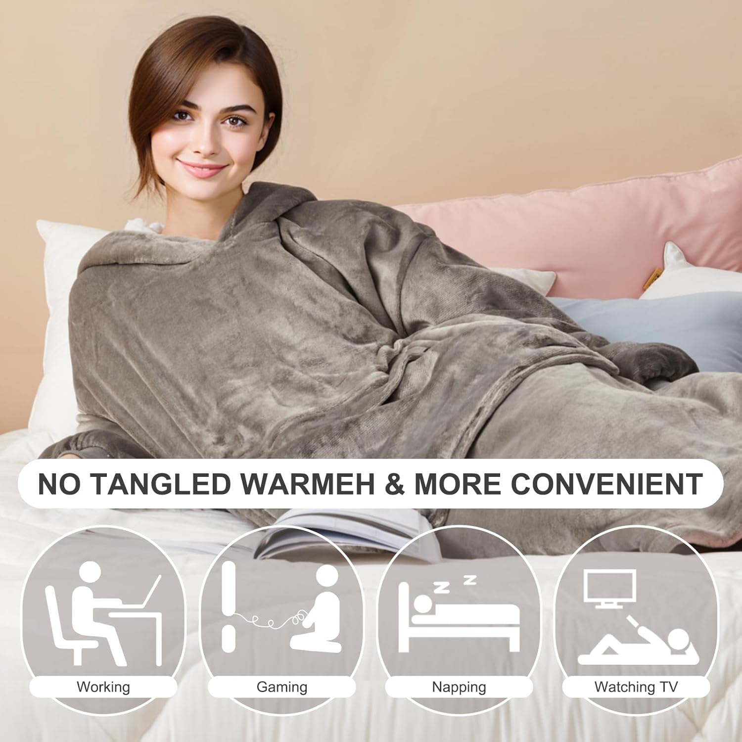 Wearable Heated Blanket Hoodie, USB Cordless Wearable Electric Blanket with 3 Heat Settings & Giant Pocket, Cozy Warm Oversized Sherpa Blanket Sweatshirt for Women & Men (Light Grey)