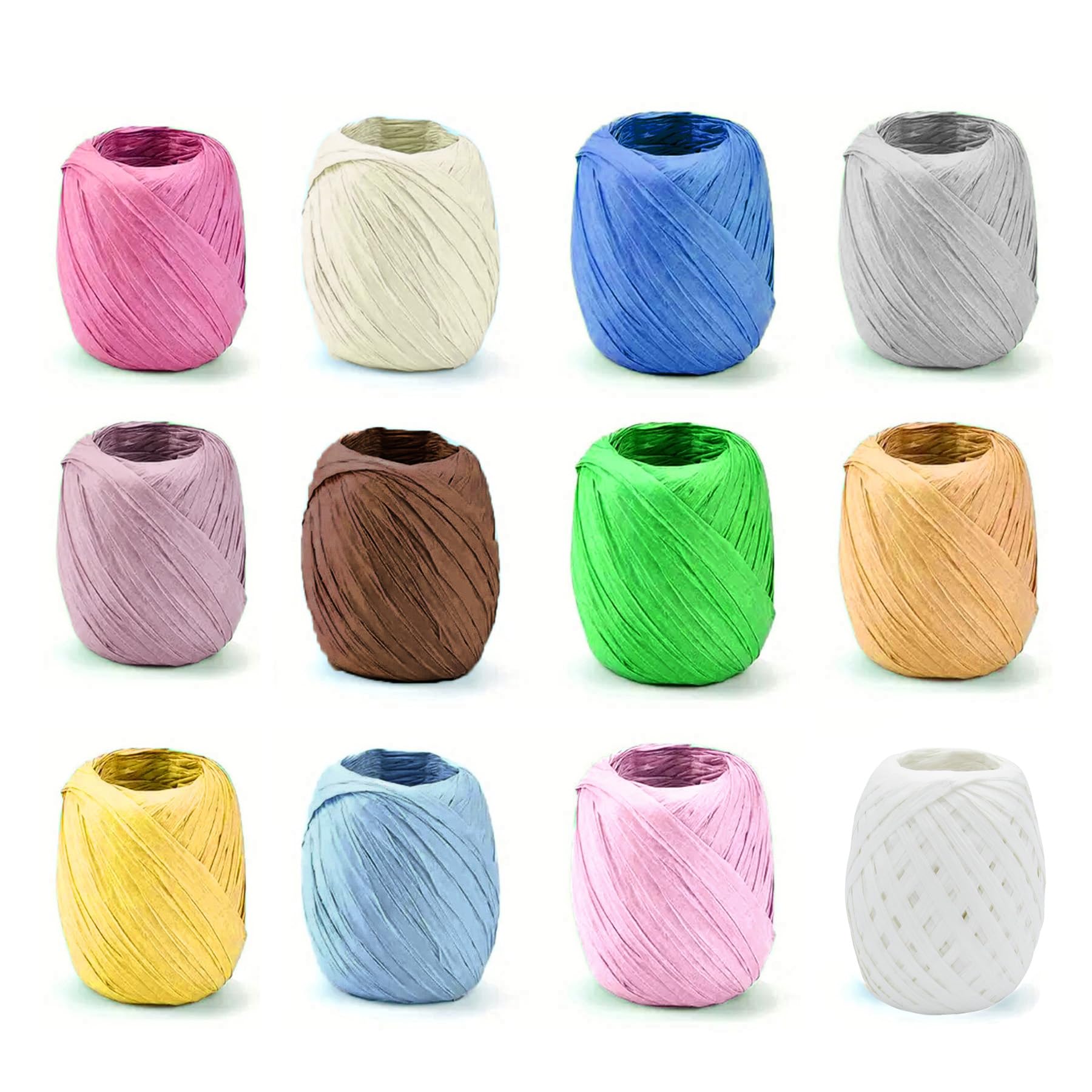Raffia Yarn Rope 12 Meters x 12 Rolls Pack for DIY Crafts Gift Wrapping Jewelry and Home Decoration (Raffia Paper Yarn Pack)