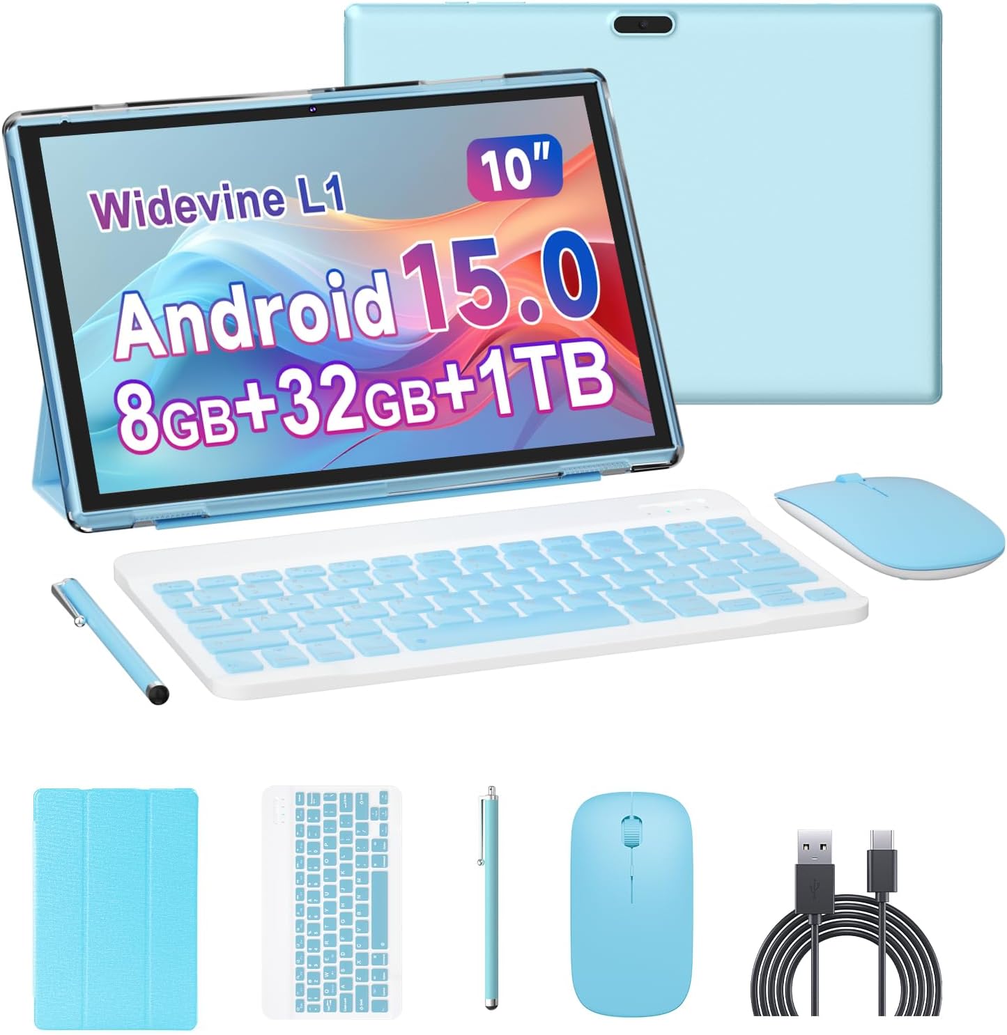 10 inch Tablet 2 in 1 Android 15 Tablets with Keyboard, 10" Tabletas Include Mouse Keyboard Stylus Case, 6000mAh 8GB RAM 32GB ROM Support 1TB Expandable Tableta Dual Camera 5G WiFi-6 Bluetooth Tablet