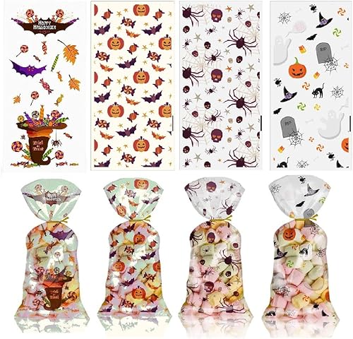 Paquete de 100 bolsas de celofán de plástico para dulces, bolsas de regalo, bolsas de regalo con lazos giratorios para Halloween, Navidad, regalos