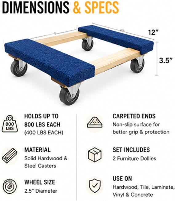 Furniture Dolly 30 x 18 I 4 Wheels Heavy Duty Moving Dollies | Fully Assembled Wooden Moving Cart with Large Wheel Casters | | Heavy Duty Dolly Cart | 1,000 lbs Capacity | Pack of 2