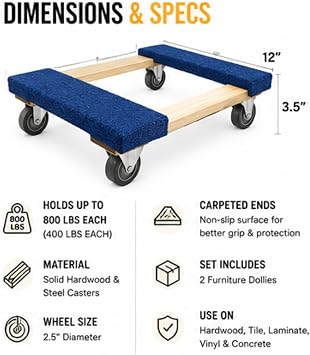 Furniture Dolly 30 x 18 I 4 Wheels Heavy Duty Moving Dollies | Fully Assembled Wooden Moving Cart with Large Wheel Casters | | Heavy Duty Dolly Cart | 1,000 lbs Capacity | Pack of 2