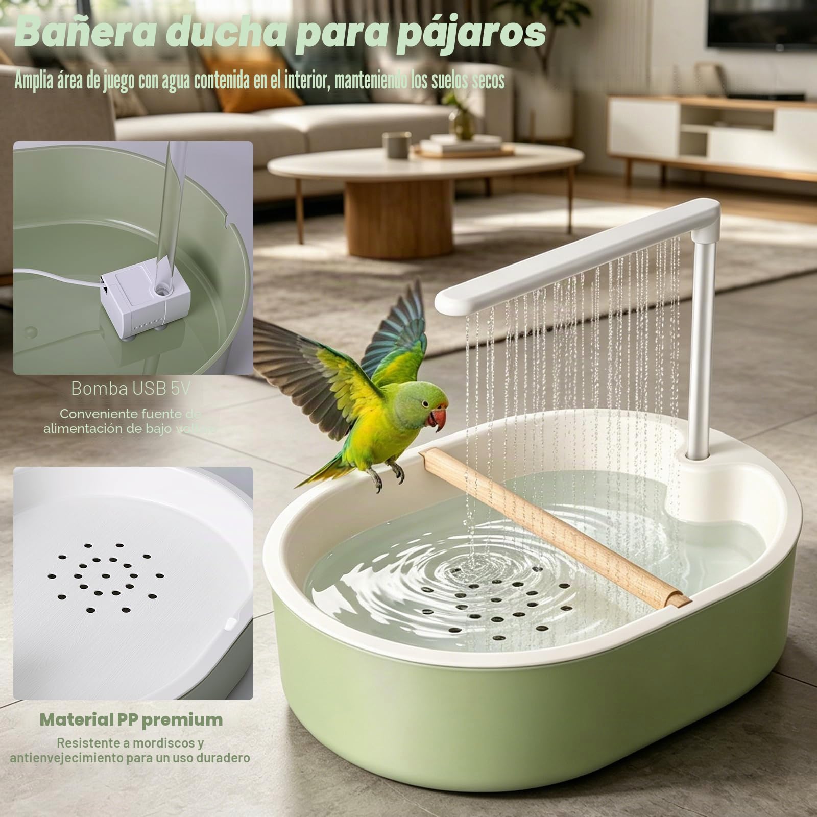 Ducha para Aves con Cascada y Grifo de Circulación, Ducha Automática para Periquitos para Jaula, Baño USB para Aves 32x25cm para Cacatúas, Agapornis y Guacamayos