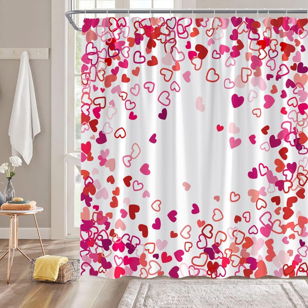 Valentine's Day Shower Curtain Red Pink Love Heart Romantic Sweet Couple Creative Fabric Decorative Bathroom Curtains with Hooks,Red White Pink
