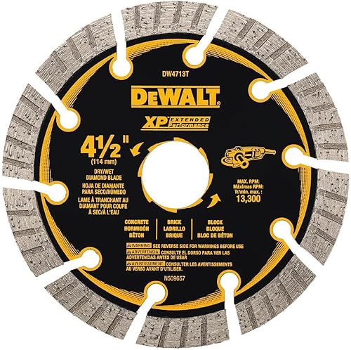 DEWALT DW4713 Hoja de sierra de diamante segmentada de corte en seco industrial de 4-12 pulgadas con eje de 58 pulgadas o 78 pulgadas
