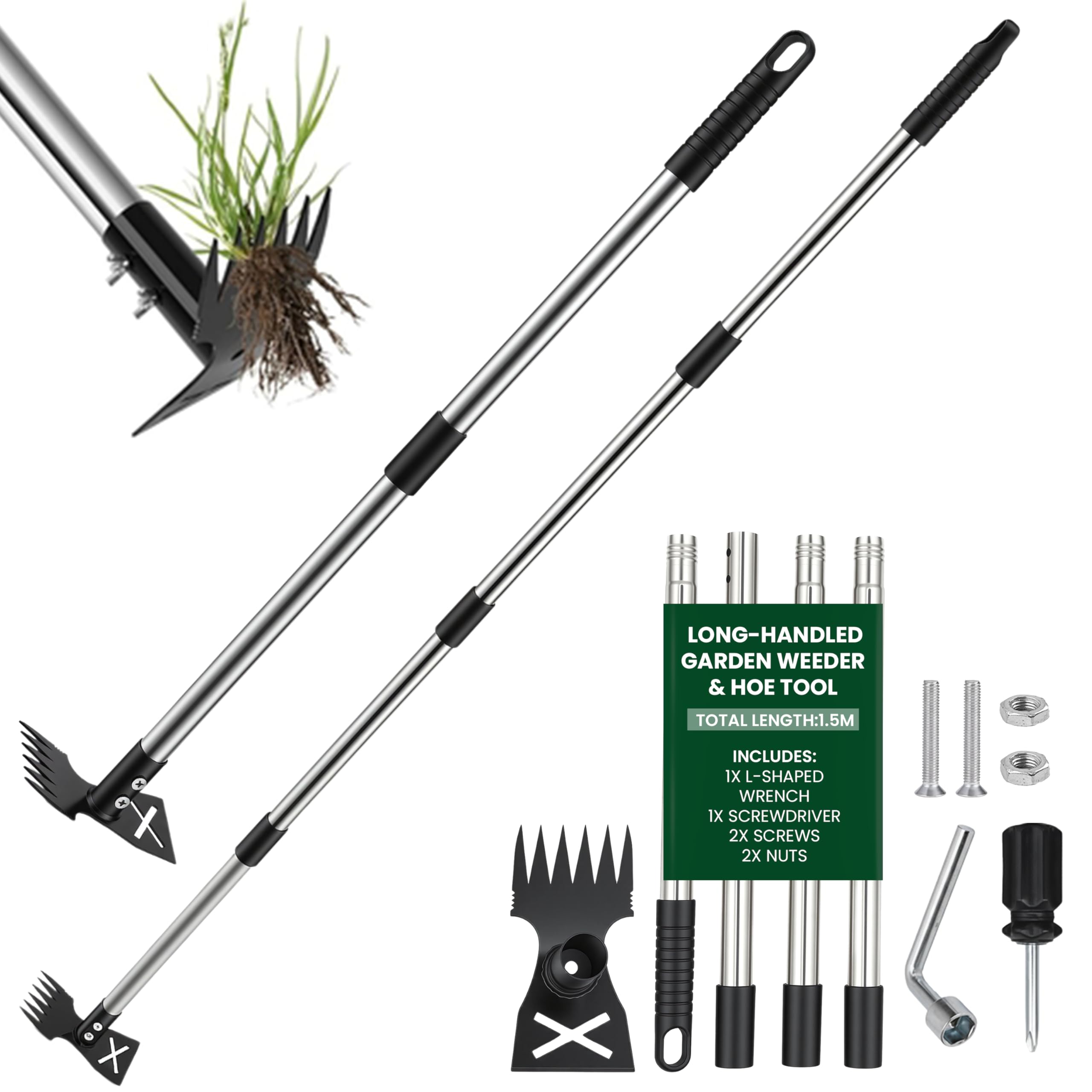 My Garden Weed Puller & Hoe Extendable up to 150cm – 2-in-1 Stainless Steel Garden Hoe with Sharp Blade – Weed Remover with Adjustable Length & Comfort Grip - Reinforced Design for Soil & Weed Removal