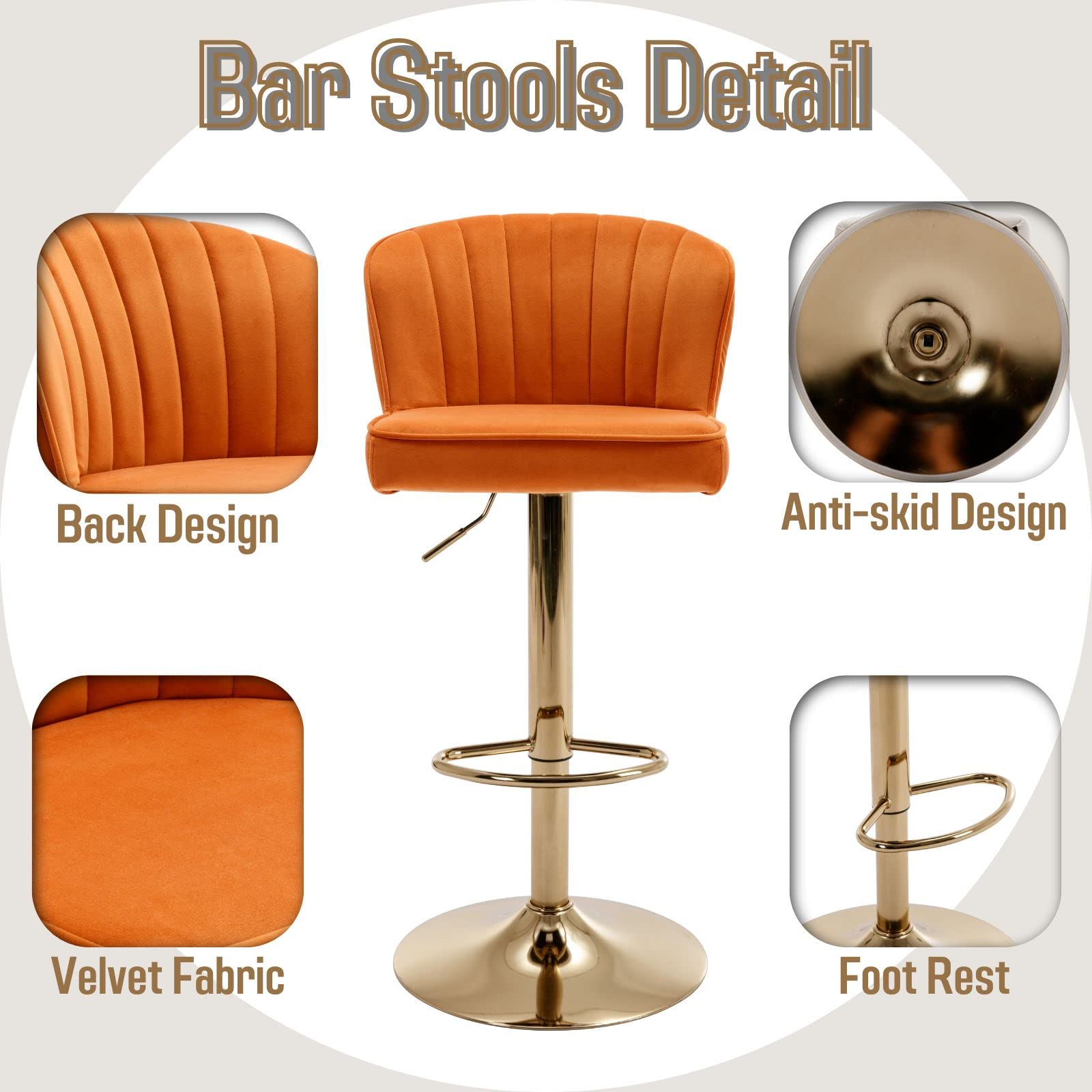 Lot de 2 tabourets de bar pivotants réglables en velours avec dossier, chaises modernes à hauteur de comptoir pour cuisine et bar à la maison, solution élégante et confortable
