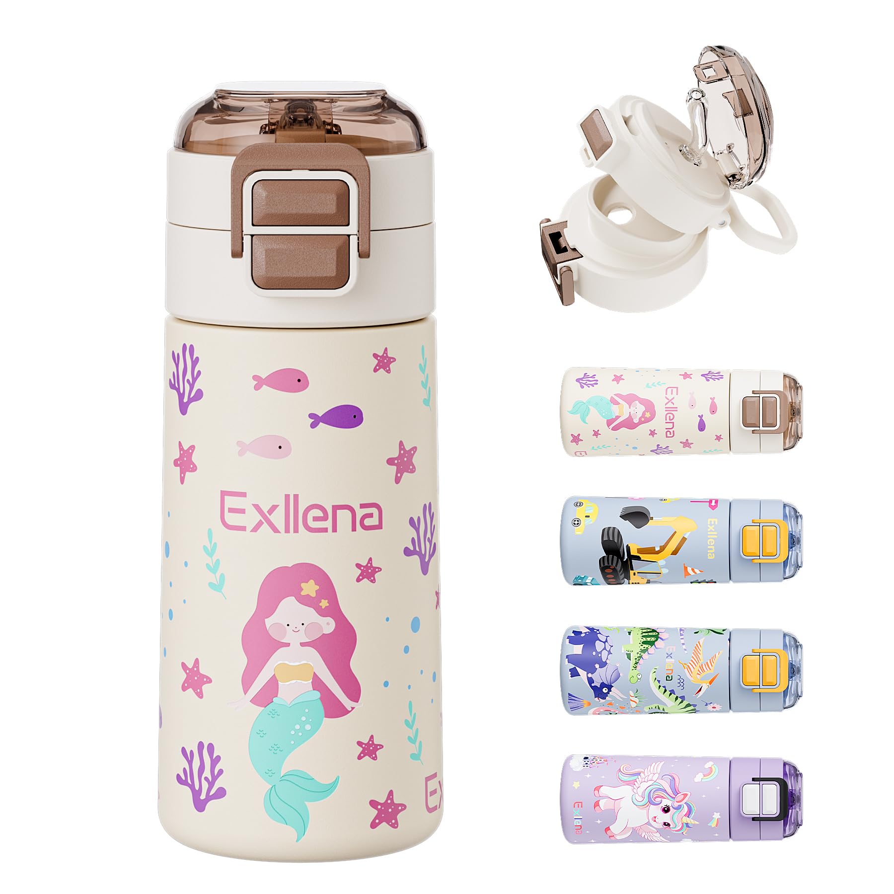 Exllena 400ml Stainless Steel Water Bottle Kids with Pop-Open Soft Straw & Spout 2-in-1 Lid