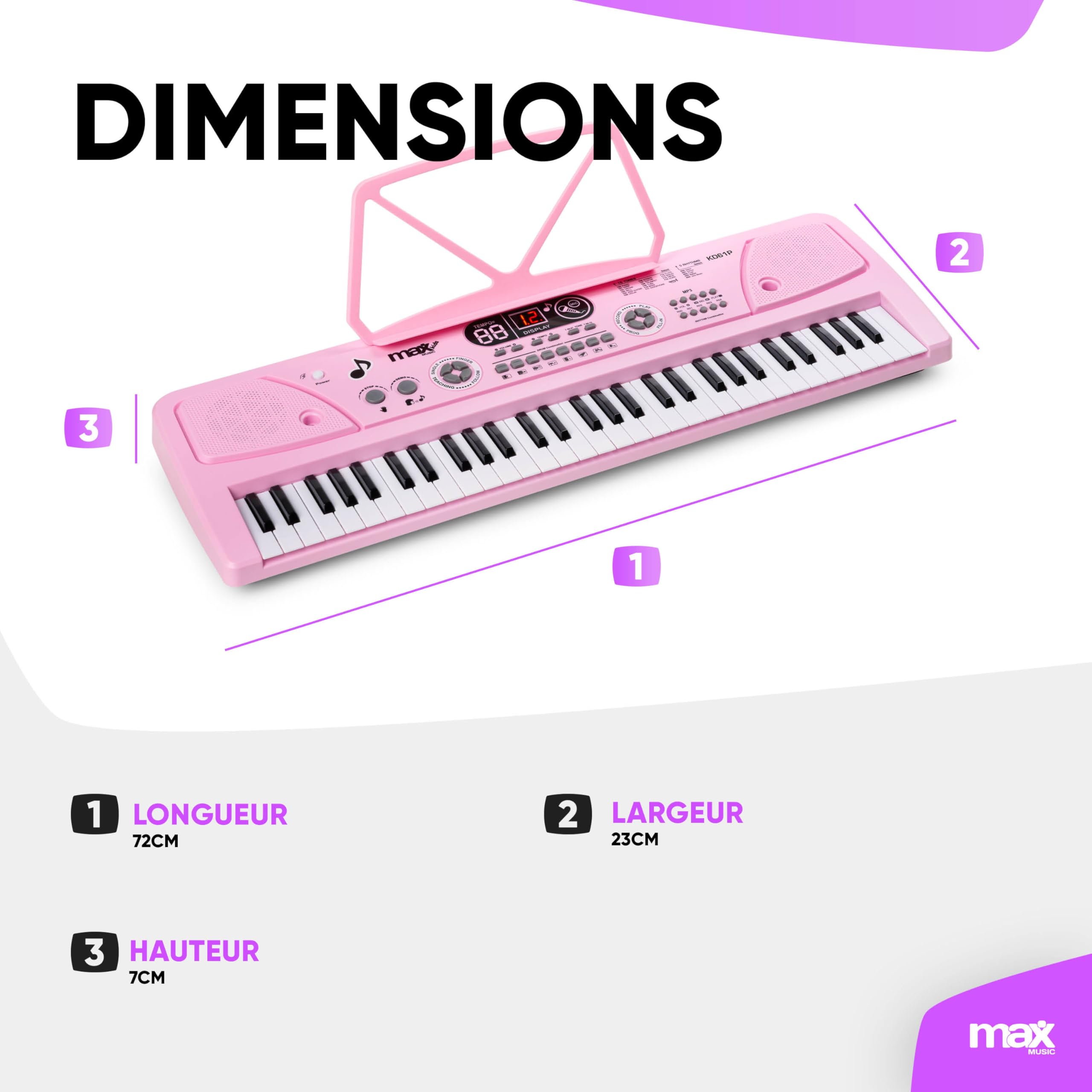 Pack MAX KD61P - Clavier/Piano 61 Touches avec Support | Piano Électronique Portable Débutant - Rose