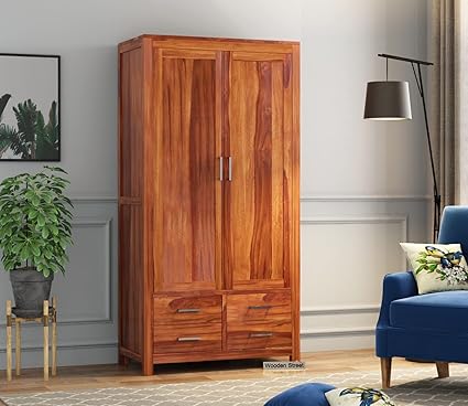 Krishna Wood Decor Wooden Sheesham Wood Wardrobe Bedroom Furniture Living Room || Wooden Almirah Cabinet Storage Shelves || Cupboard Clothes Organizer Wardrobe || 2 Door Honey Finish