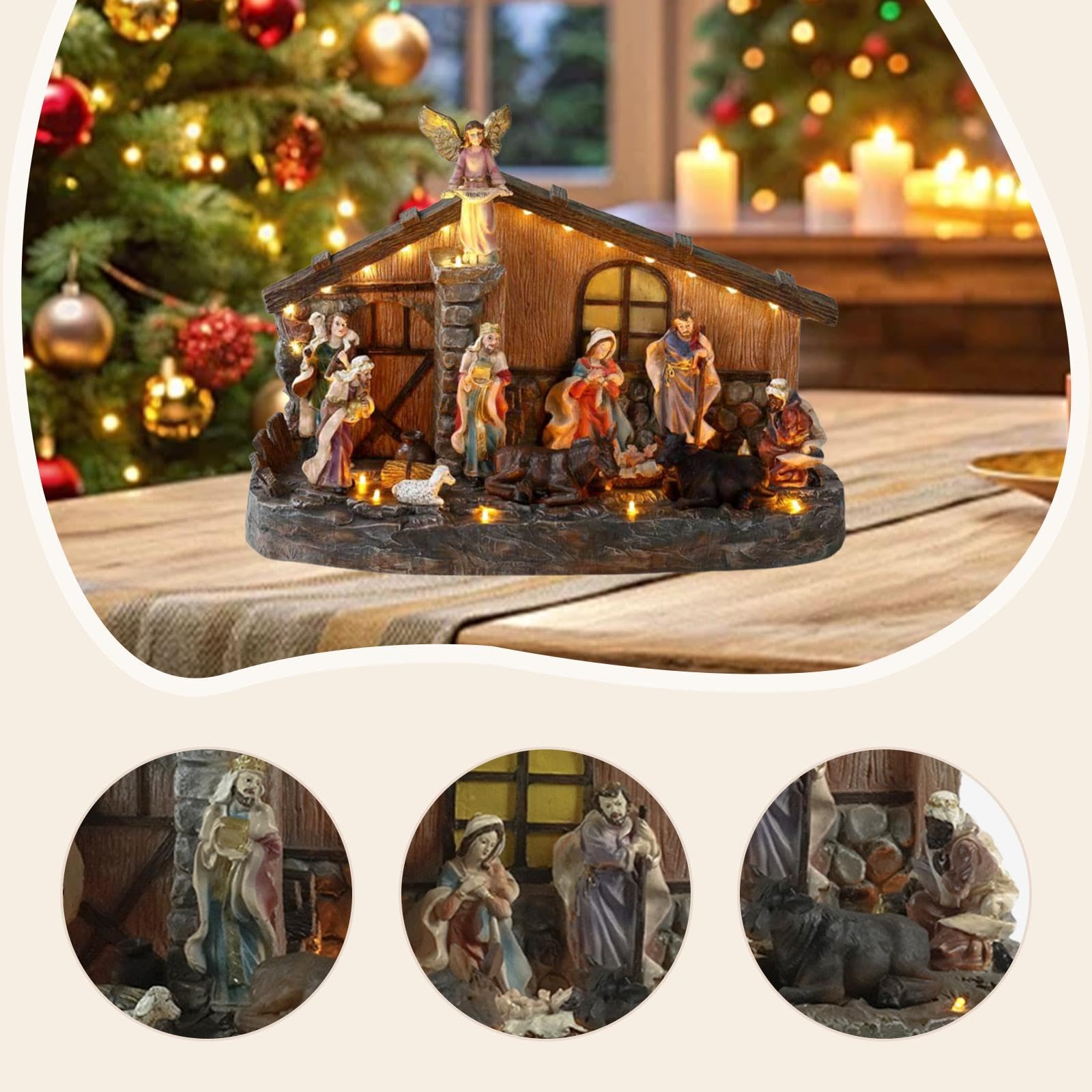 Decorazione natalizia per presepe, decorazione per casa illuminata con musica per soggiorno, feste in casa