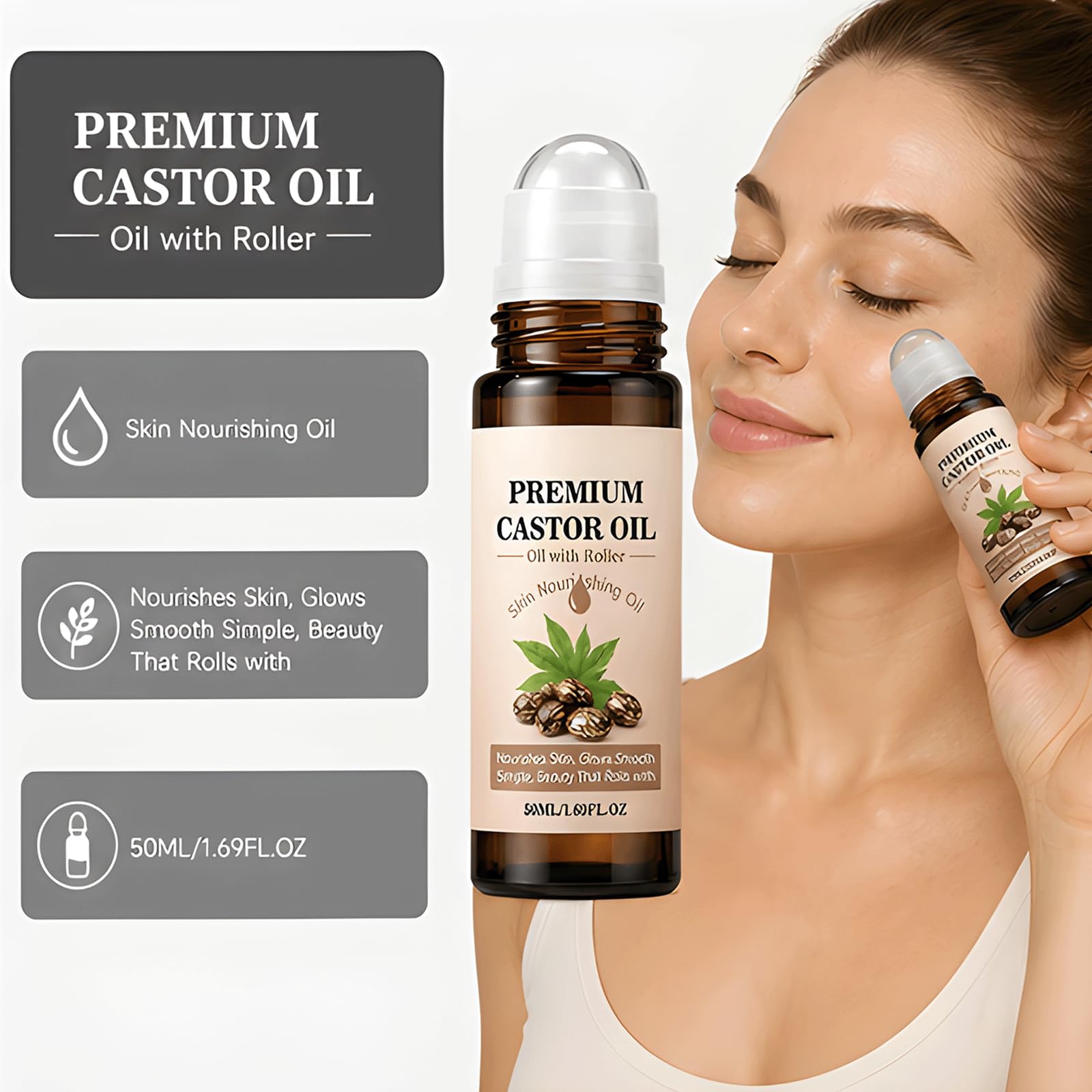 Organic Castor Firming Oil Rose Quartz Roller Ball - nawilżające serum pod oczy i skórki, tłoczony na zimno, wolny od heksanu olej rycynowy przeciwzmarszczkowy do skóry krepowanej (6szt)