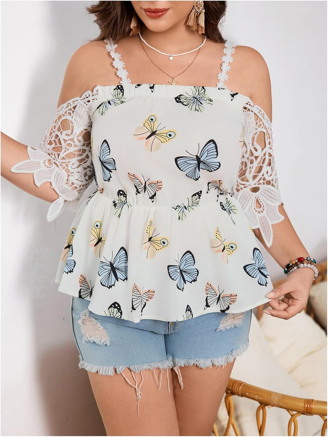 SweatyRocks Women's Plus Size Graphic Print Cold Shoulder Peplum Blouse Floral Lace Short Sleeve Shirts Top - Image 2