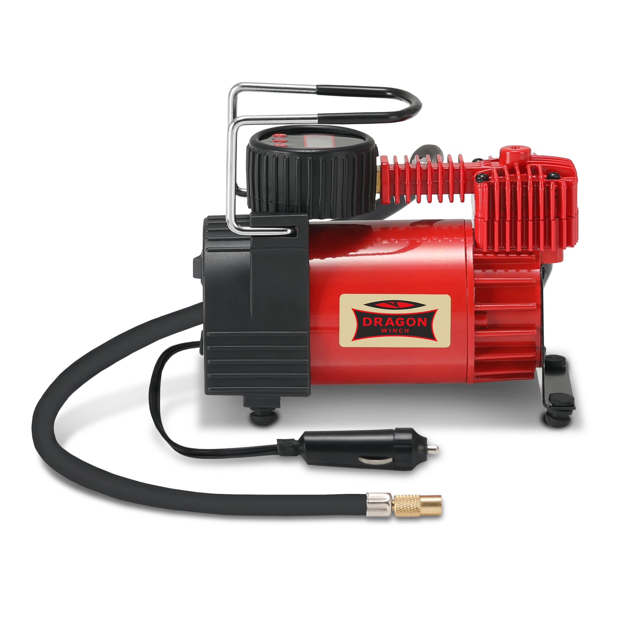 Dragon Winch Portable Air Compressor 12V | 6.8 BAR/100 PSI with a capacity of 35 L/min + Integrated Digital Pressure Gauge, Cigarette Socket, Carry Bag, 3 x Interchangeable Nozzles